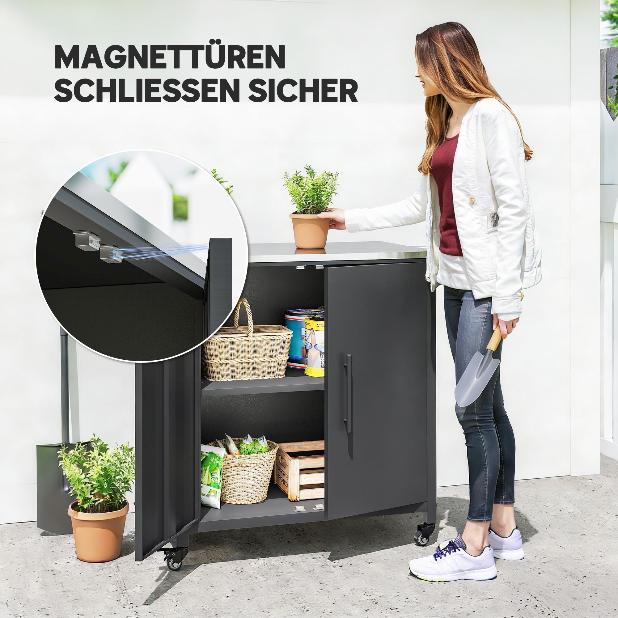 Outsunny Gartenschrank mit Pflanztisch abnehmbar Regal 80x50x90cm | Geräteschrank, Edelstahl Geräteschuppen, Arbeitsplatte, Magnetisch, Doppeltür, Rolle, Werkzeugschrank, Gartenschuppen