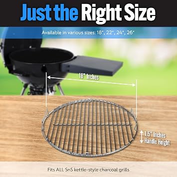 SnS Grills EasySpin Charcoal Grill Cooking Grate, 304 Stainless Steel, Large Hinged Opening, Perfect for 2-Zone Cooking, Replacement Grate Compatible with Weber & Other Grills - 18 Inches
