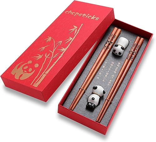 Miniatura 1 de Juego de palillos de panda lindos y descanso, palillos de madera reutilizables con soporte de cerámica y estuche de regalo rojo para bodas,