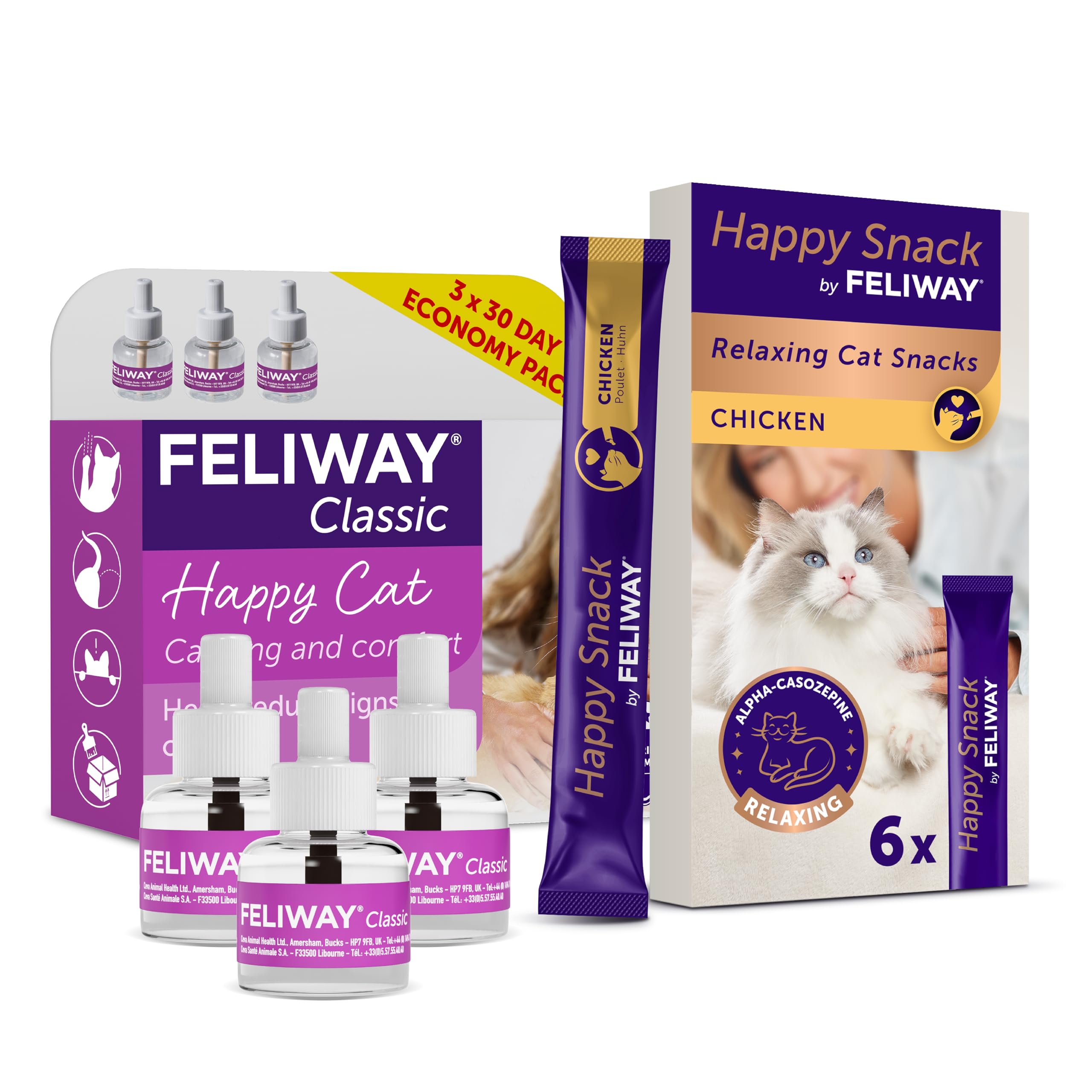 Classic 30 day Refill x3 Value Pack & Happy Snack Delicious Relaxing Chicken Flavour Treat for Cats