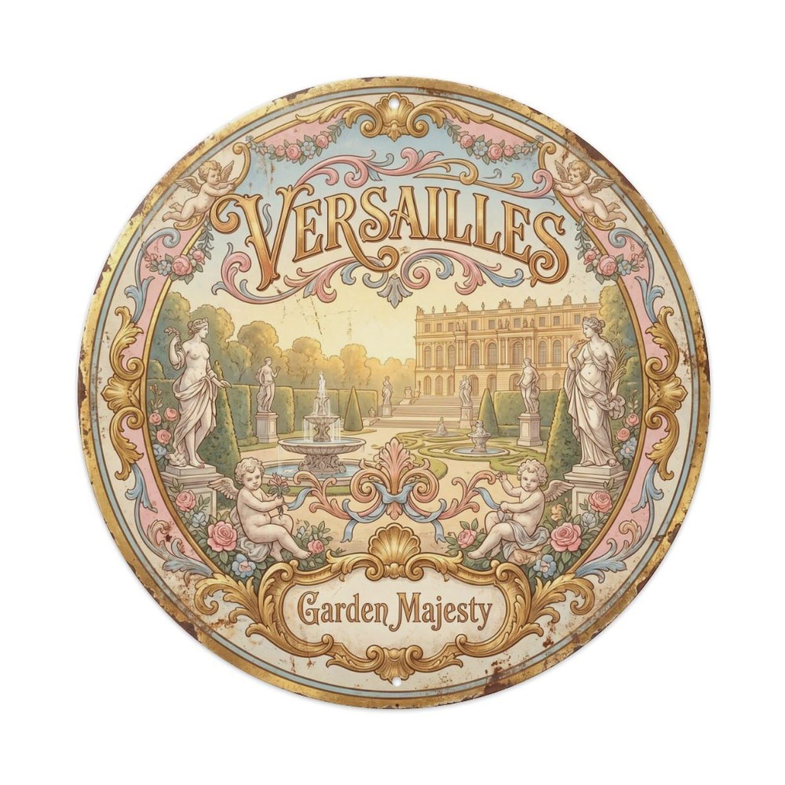 Vintage Travel Palace Versailles Metal Tin Sign Plaque Wall Decor for Cafe, Club, Garden Round Metal Poster 8x8Inch
