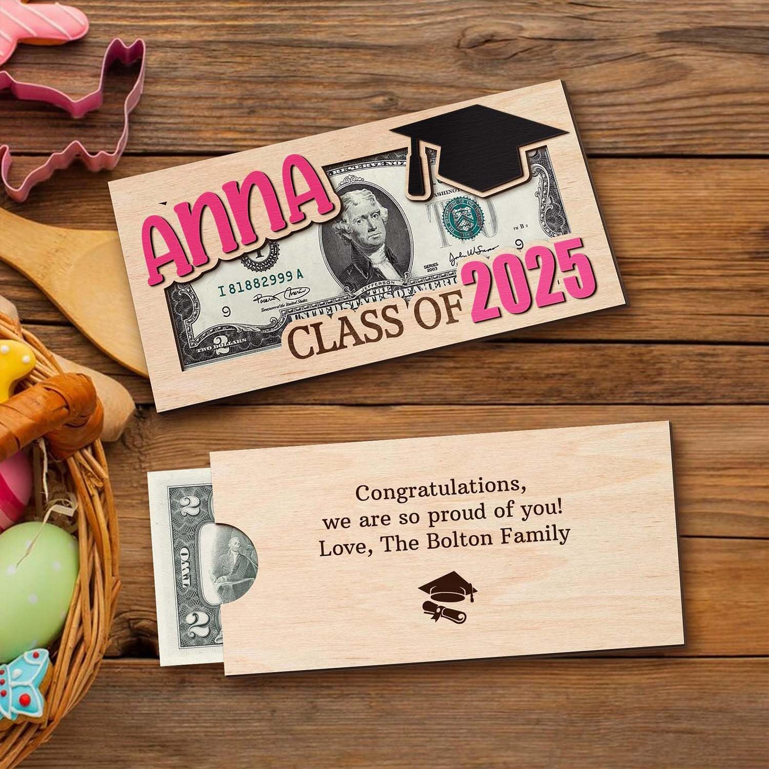 Personalized Graduation Money Holder 2025 | Custom Wooden Money Holders with Stand | 6.7x3.7 Inches, Holds 10-15 Sheets of Cash | Customize Your Own Quote Gifts for Class of 2025