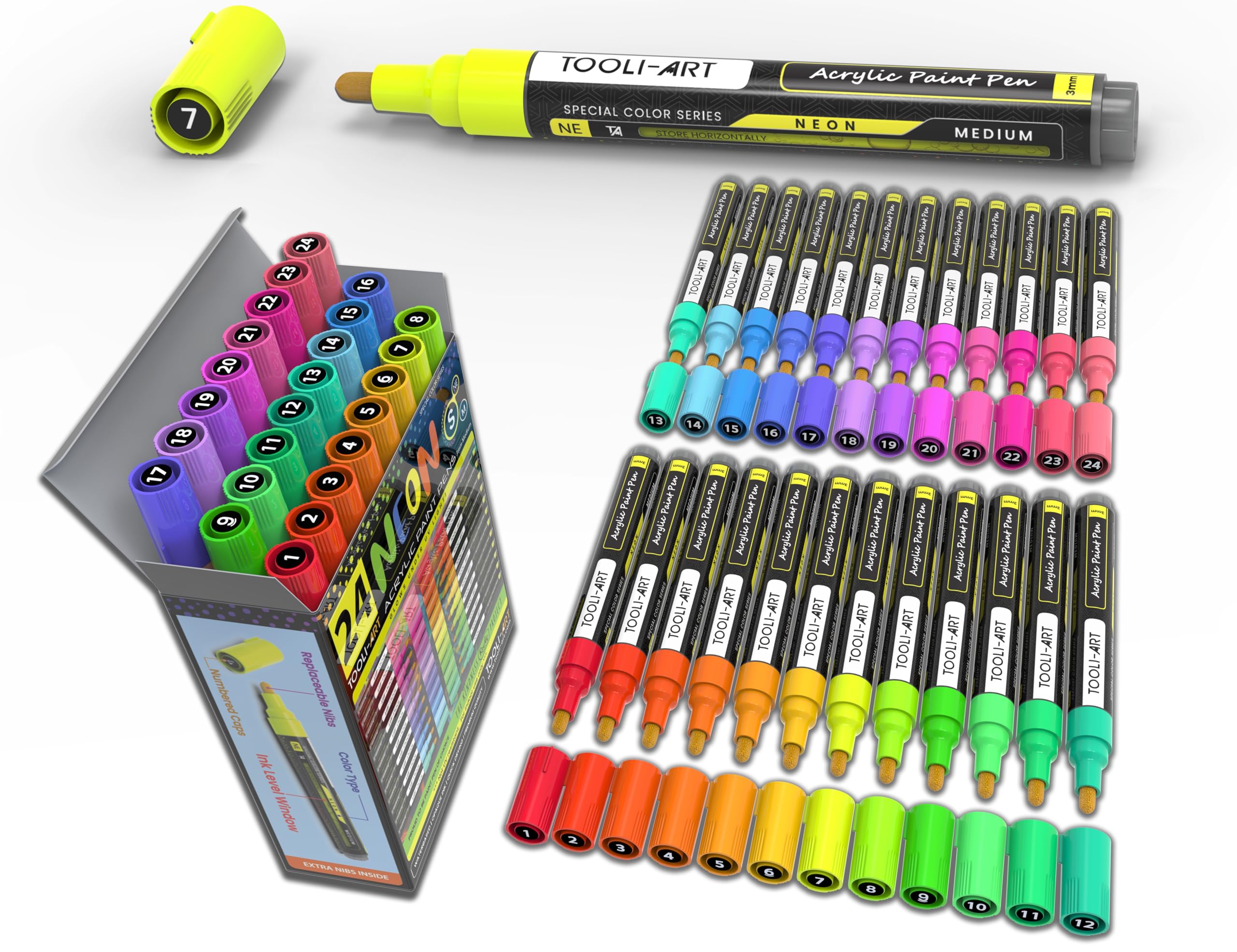 24 Neon Fluorescent Acrylic Paint Pens Medium Special Color Series