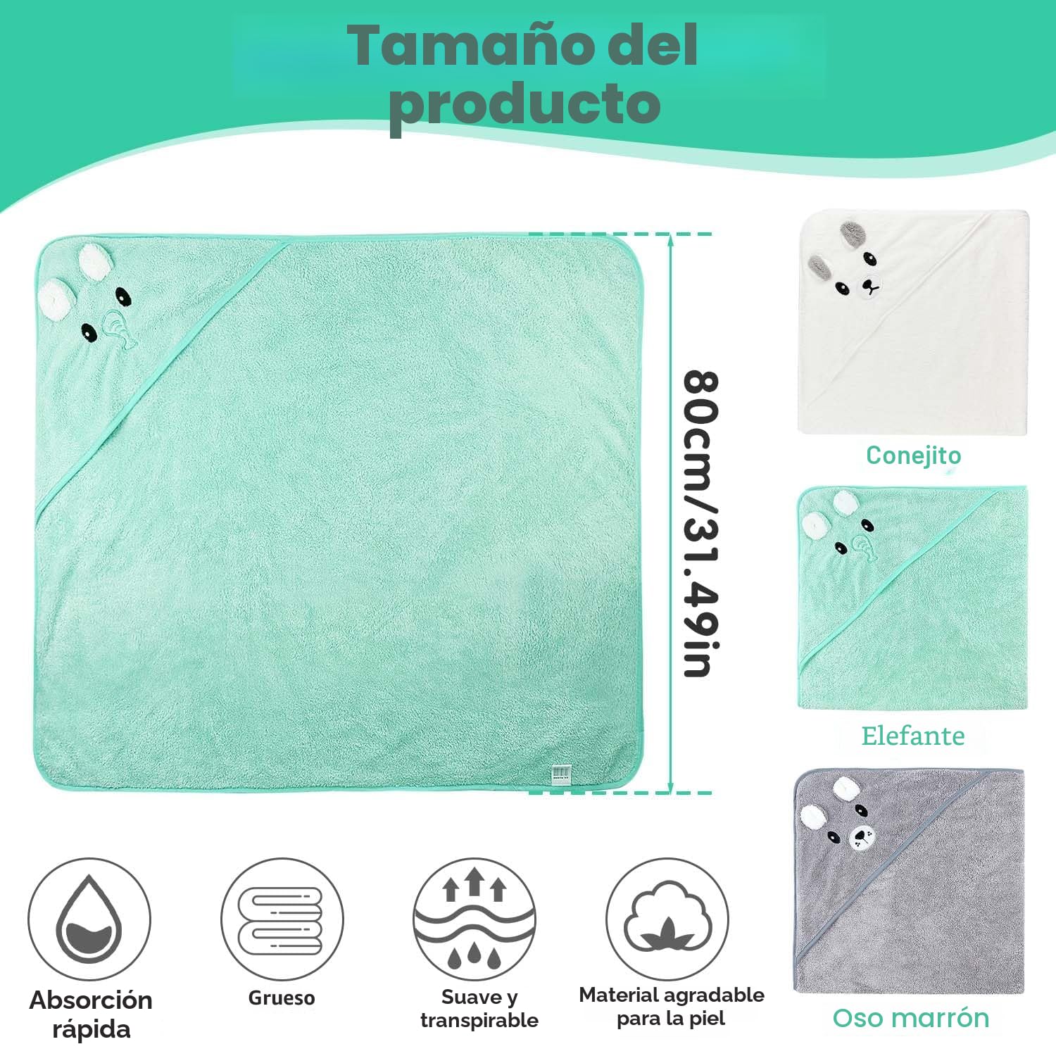 Toalla Bebé Recien Nacido, 3 Piezas 80 * 80cm Toalla Bebé, Capa de Baño Bebé, con Capucha, Felpa de Coral, Suave y Súper Absorbente, Lavable a Máquina, Accesorios Baño Bebé Recien Nacido