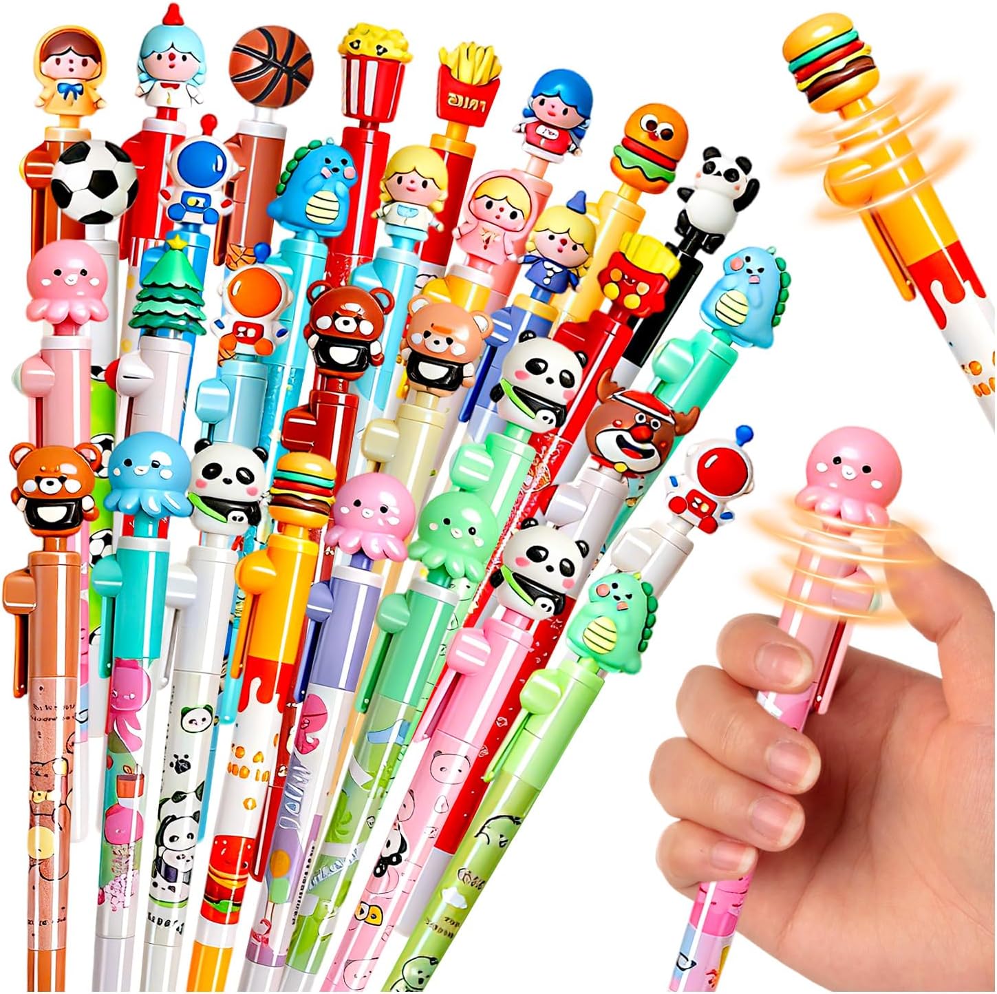 32Pcs Fidget Spinner Pens, Fun Cute Panda, Astronaut, Hamburg Pens for Kids Stress Relief Rotating Pen for School, Office, Home, Birthday Gifts Supplies Classroom Rewards.