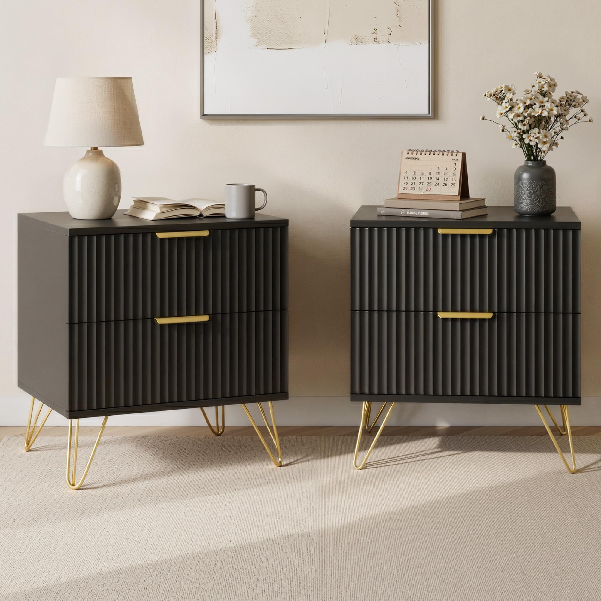 Sscaktu Fluted Nightstand Set of 2, 19.7’’ Wide Bedside Table with 2 Drawers and Gold Handle, Wood Modern Night Stand with Storage, Wooden End Table