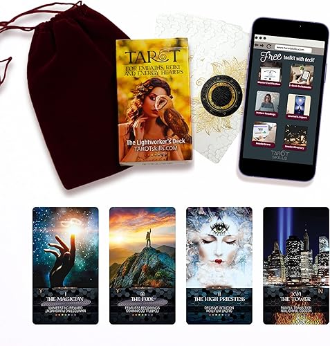 TAROTskills Baraja de tarot de Lightworker: 78 cartas de tarot para principiantes con símbolos de jinete de espera, chakras y reiki alineados,