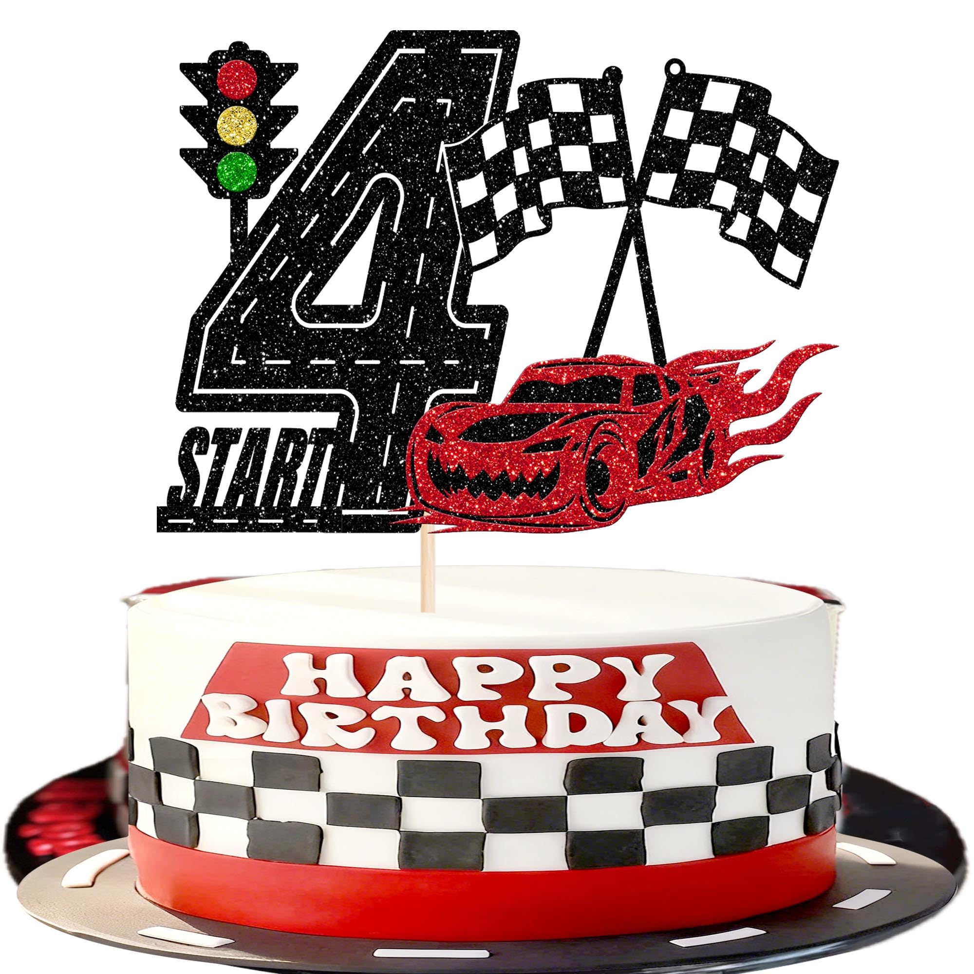 1 Piece Racing Car 4th Birthday Cake Decoration Glitter Happy Birthday Cake Topper Traffic Light Checked Flag Cake Decoration for Racing Theme Boys Girls Birthday Party Cake Decorations