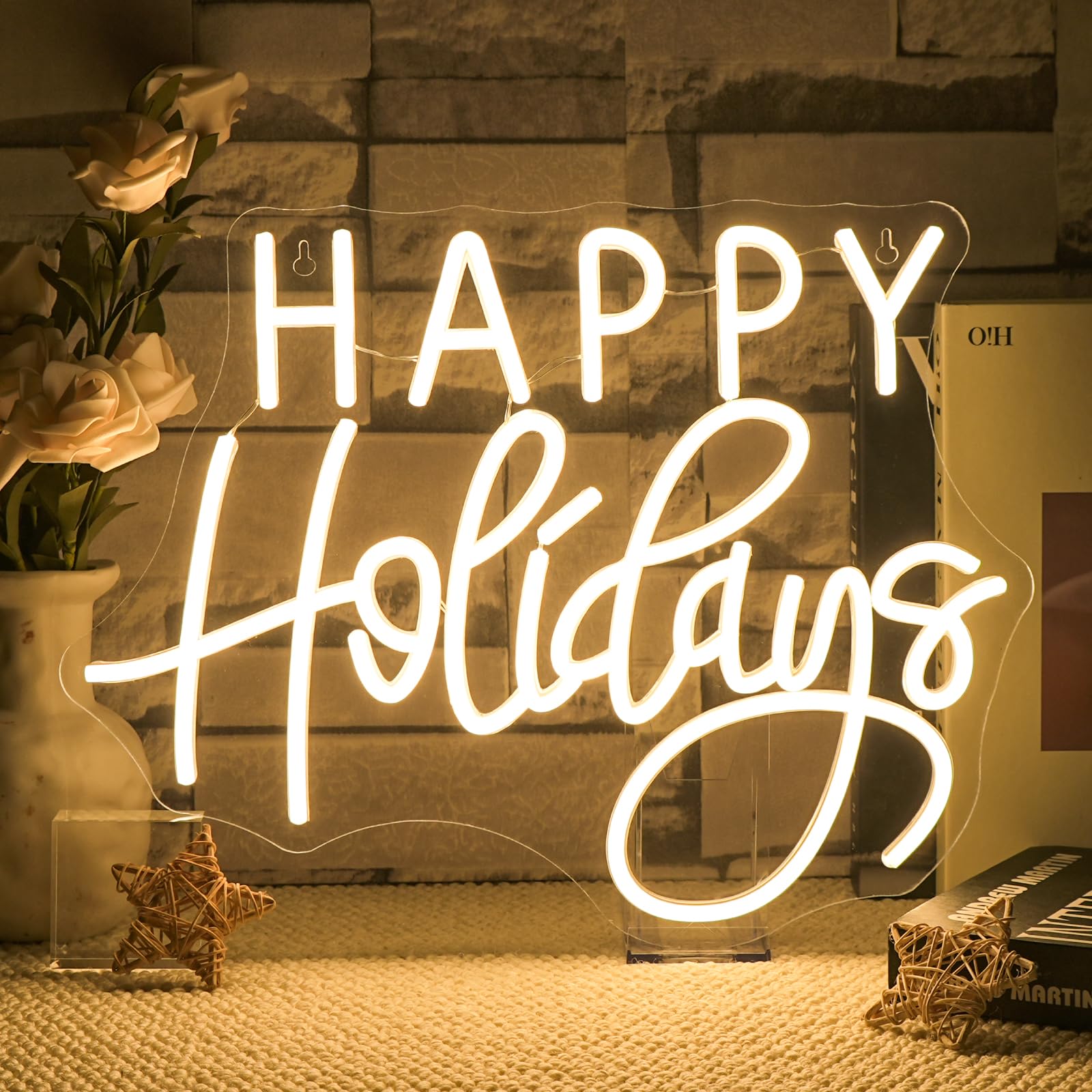 Horseneon Letrero de neón Happy Holidays para decoración de pared, árbol de Navidad, luz LED de neón con alimentación USB para fiestas, ventanas, decoración del hogar, dormitorio, sala de estar