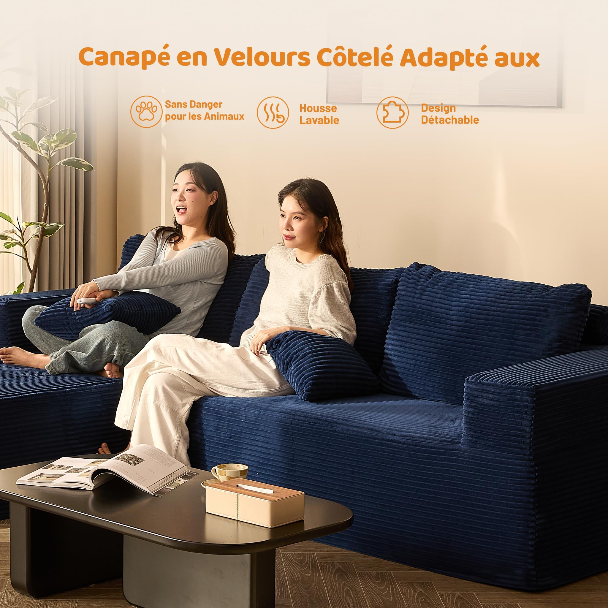Canapé d’Angle modulable en L avec Fonction lit – Grand canapé Convertible rembourré en Tissu côtelé – Canapé-lit Confortable pour Salon,Bleu Marine | Méridienne Gauche, Assise Profonde, Sans Montage, Mousse Haute Densité, Soutien Stable