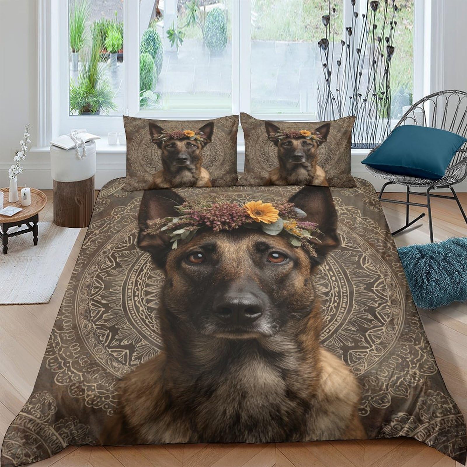 Ctjqhvkz Style-1 3D Printed Dog Portrait Fitted Sheet Microfiber Soft Brown Floral Bed Sheet For Bedroom Dorm Decor Mattress Protection Single（135X200cm）