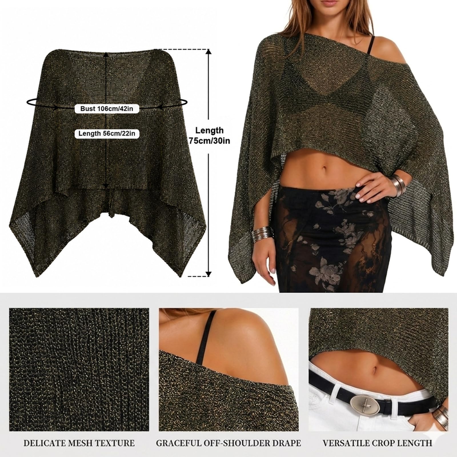 Okdance Durchsichtiger Poncho für Damen, Strandtuch, locker, durchsichtig, asymmetrisch, trendig, leicht, Sommer, One-Shoulder-Stil, Boho, Strand, Urlaub, Cape Top