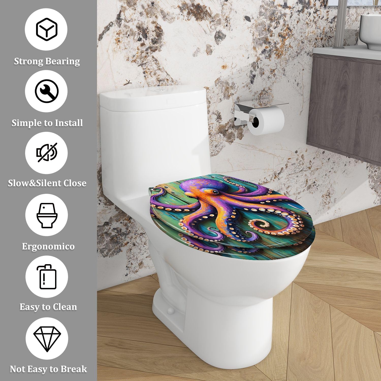 Asiento de inodoro alargado de resina con temática marina, de fácil liberación, para decoración de baño.