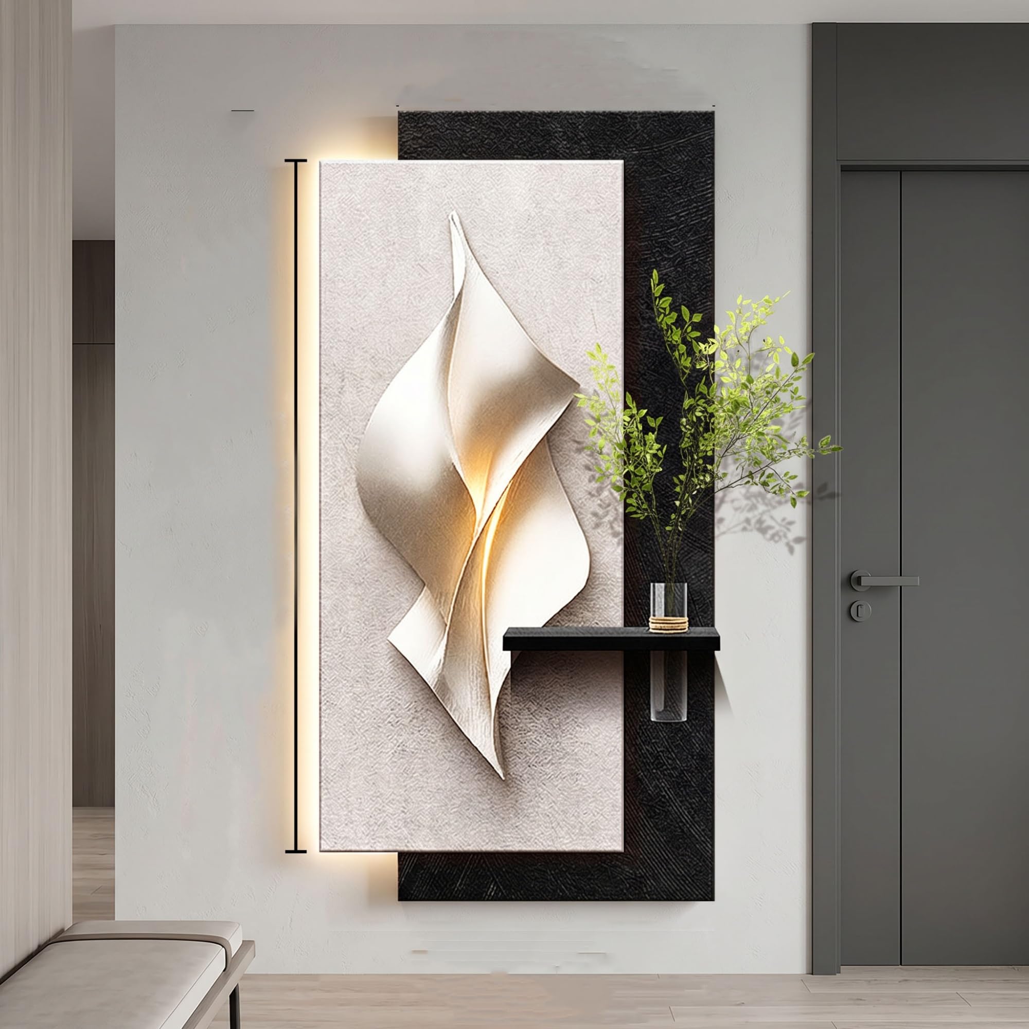 Wanddeko Wohnzimmer mit LED-Licht, 3D Sandstein-Relief & Vase | Handgefertigte Sandstein-Struktur, Integrierte LED-Beleuchtung, Kreative Vasen-Funktion(Brown B,70x140cm/27.5x55.1'')