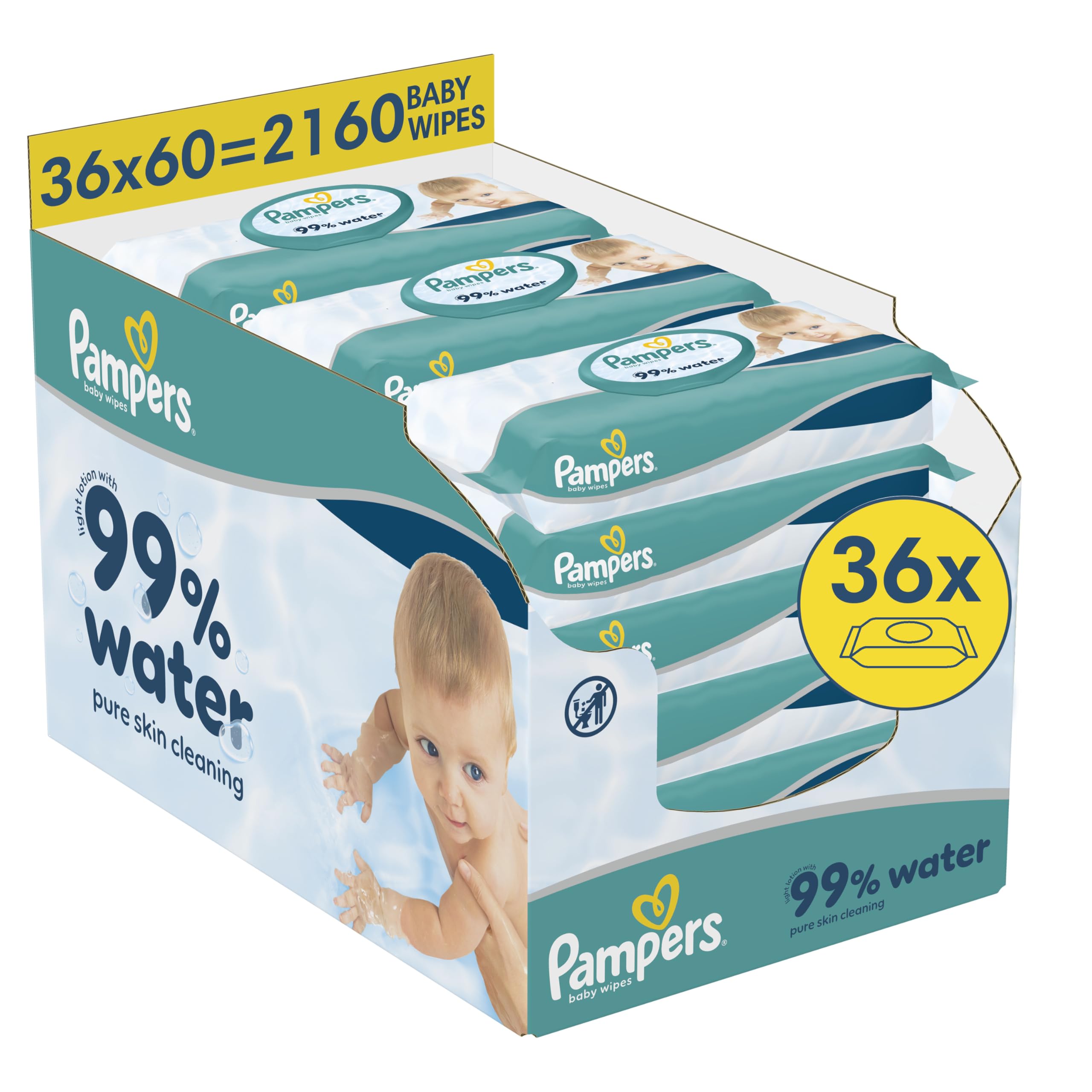 Pampers 99 Prozent Water Baby-Feuchttücher, 36 Packungen mit 60 Feuchttüchern 2160 Baby-Feuchttücher, leichte Lotion mit 99 Prozent Wasser