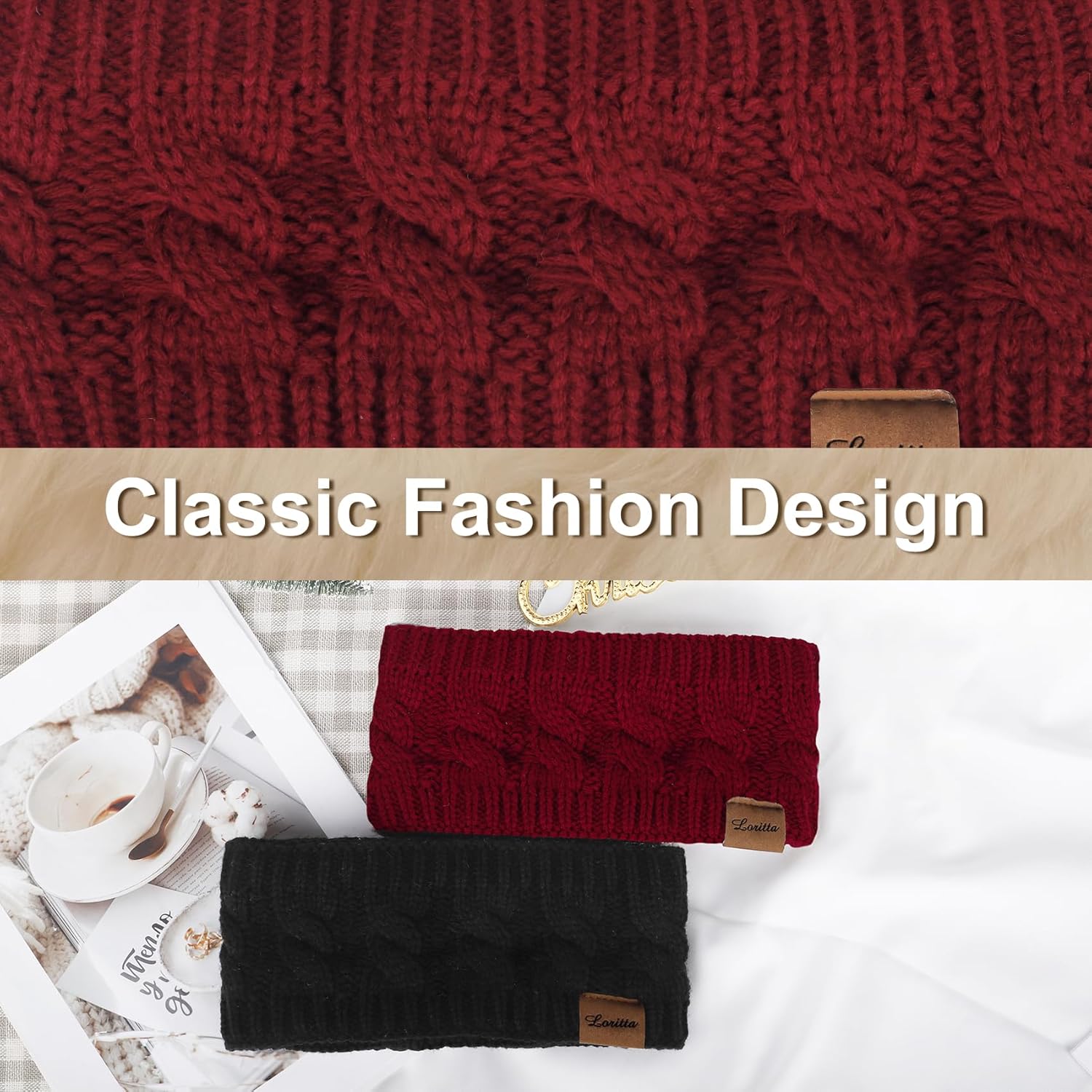 Loritta 2 Pack Headbands for Women Winter Warm Cable Knit Ear Warmer Thick Head Wrap Fuzzy Fleece Lined Gifts - Image 2