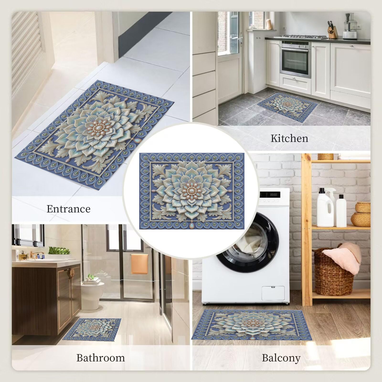 Zerbino Ingresso Interno Rilievo Tridimensionale A Forma Piuma Mandala, Zerbino Di Benvenuto Lavabile Morbida Fiori Perle Esotici, Antiscivolo Tappeto Da Decorazioni Blu Per Casa Porta, 90X150Cm