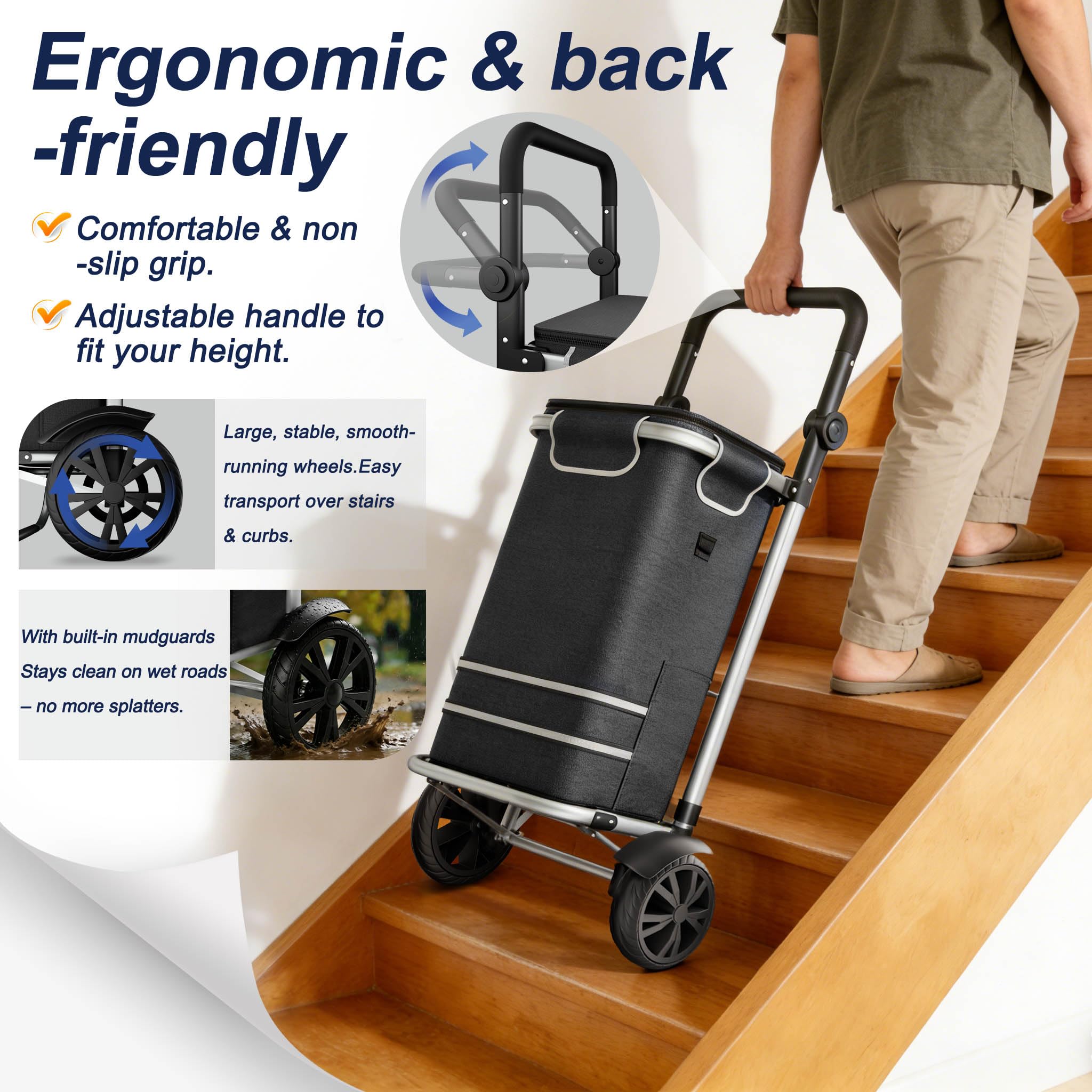 UISEBRT 3in1 Einkaufstrolley klappbar mit 56L groß Volumen,Multifunktionaler Einkaufsroller mit Kühlfach, Umhängetasche & Sackkarre in Einem,Hackenporsche Trolly Einkaufswagen Schwarz,1-Rad