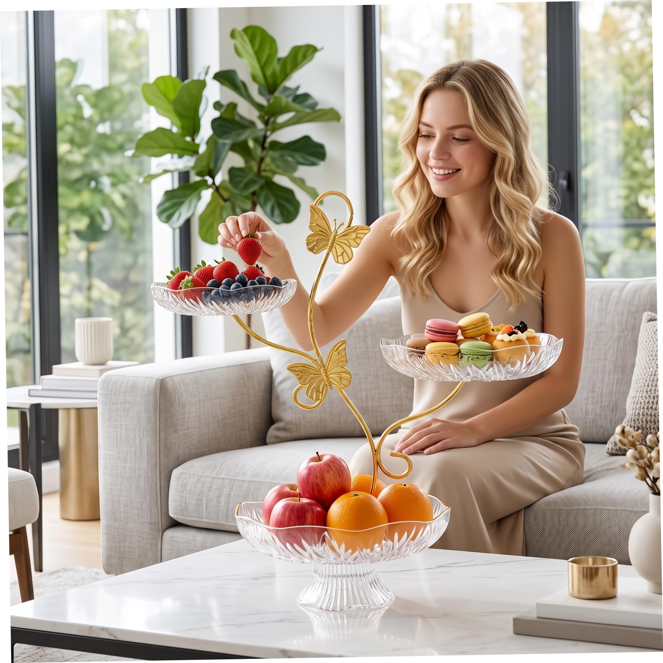 Supporto per cesto di frutta a 3 livelli con 3 piatti trasparenti Elegante supporto per frutta dorato