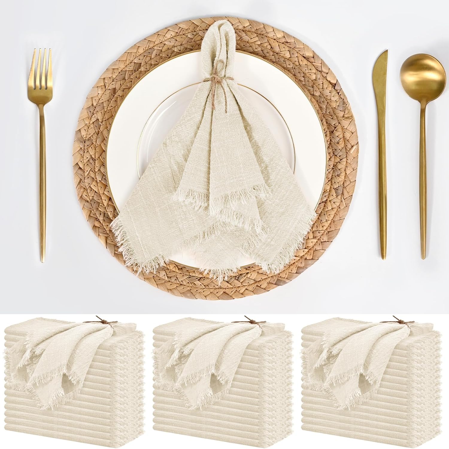 50 Pack Cotton Linen Napkins Bulk 16 x 16 Inch Cotton Linen Cloth Napkins with Fringe Rustic Handmade Napkin Cloth Washable Dinner Napkin Cloth for Wedding Party Bridal Shower
