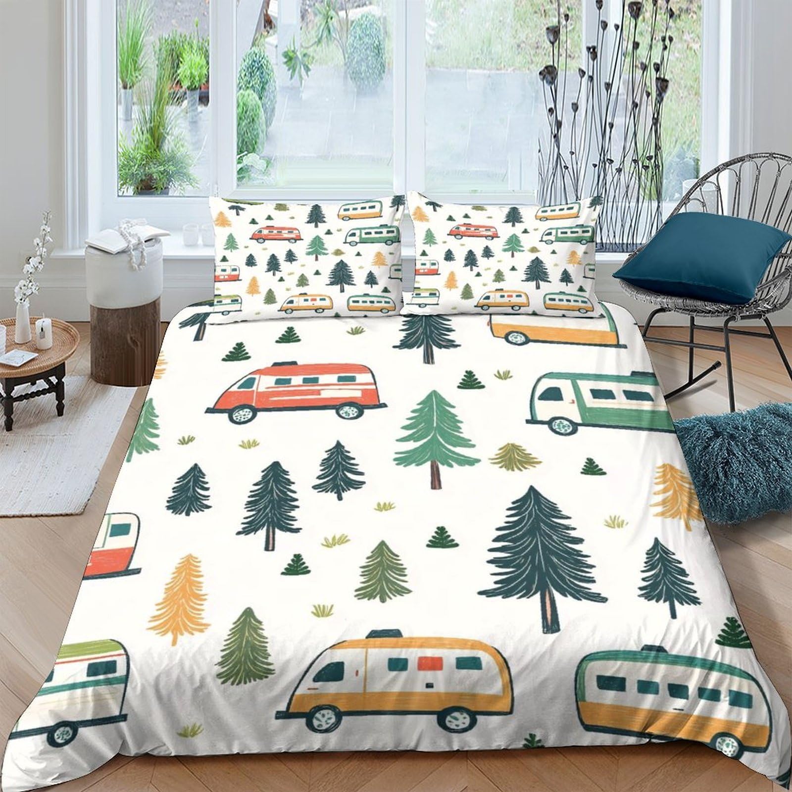 Ctjqhvkz Style-7 3D Printed Camper Van Forest Fitted Sheet Microfiber Soft Breathable Pine Tree Bed Cover For Bedroom Guest Room Single（135X200cm）