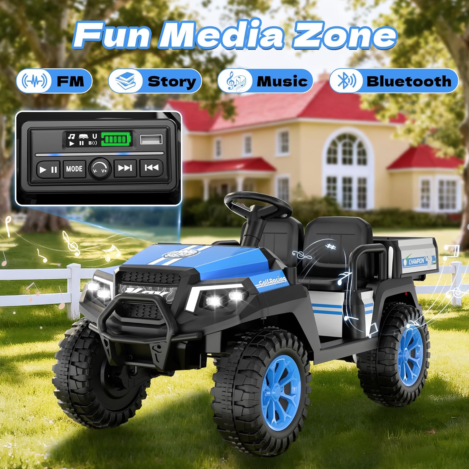24V Kids Golf Cart w/Detachable Awning–4WD 2 Seater Ride on Car w/Large Storage Trunk, Remote Control, 3 Speeds, Music Player, LED Lights, Ride On Toys, Gift for Kids Ages 3-8((Blue)