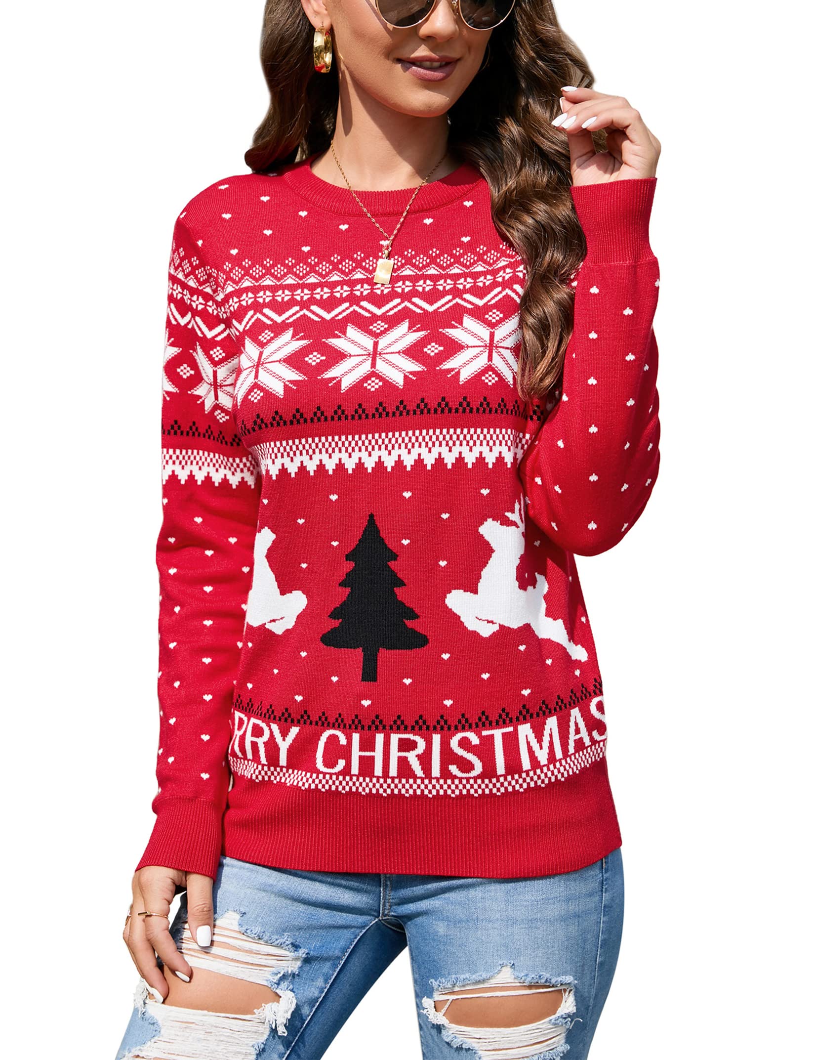 MISSKY Womens Long Sleeve Ugly Christmas Sweater Reindeer Knit Pullover Tops