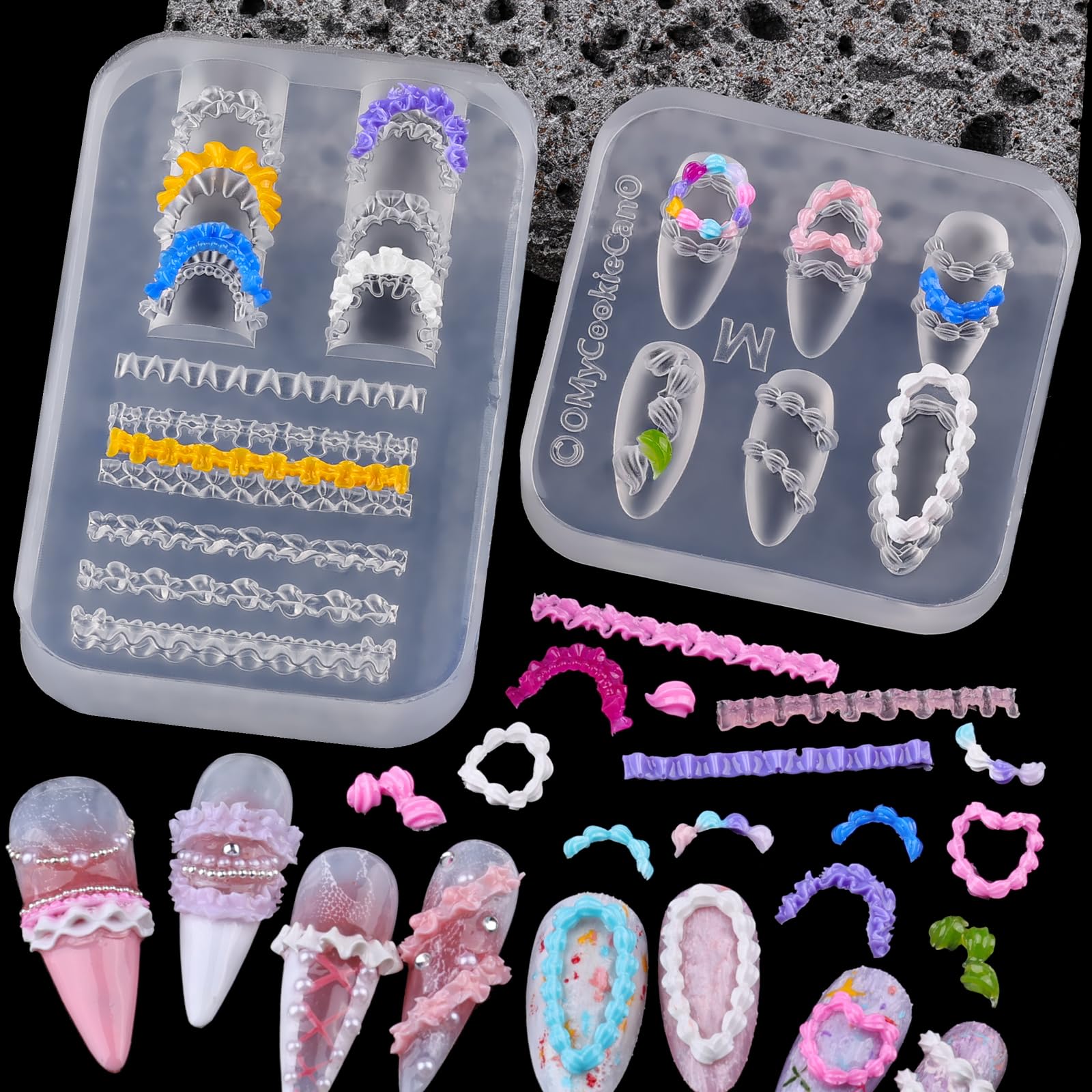 2 Pcs Cream Silicone Nail Molds, 3D Cake Icing Nail Art Mould with Embossed Piping Designs for Gel & Resin, Heart Lace Charms Clear Modeling Templates Nails Mold for Home Salon, Birthday & DIY Craft-image-18