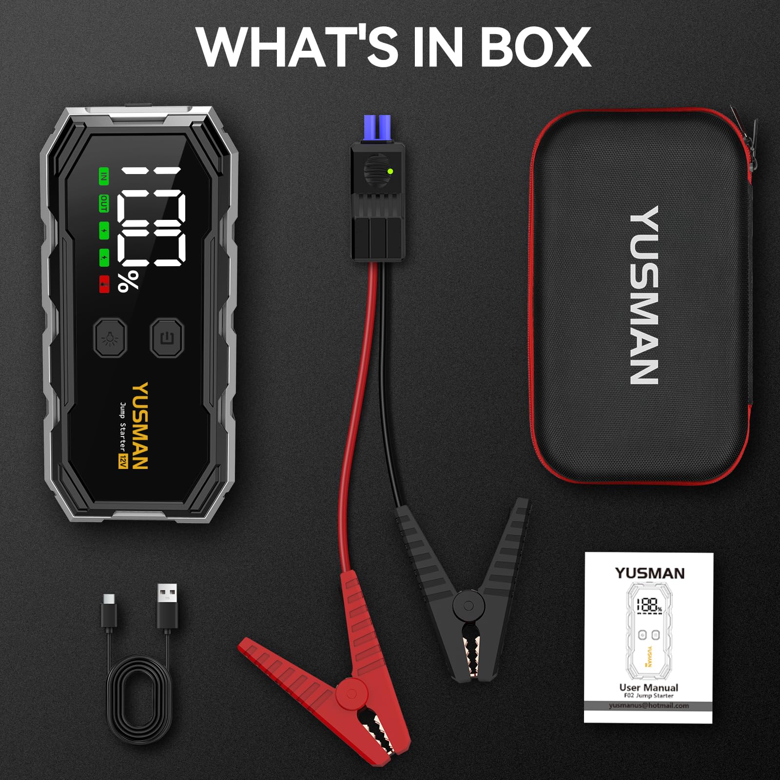 YUSMAN Car Jump Starter, 8000A 12V Jump Battery Pack (All Gas/10.0L Diesel), Portable Jump Starter with Display, Car Jump Starter with Extended Smart Cables, Quick Charge 3.0, LED Light