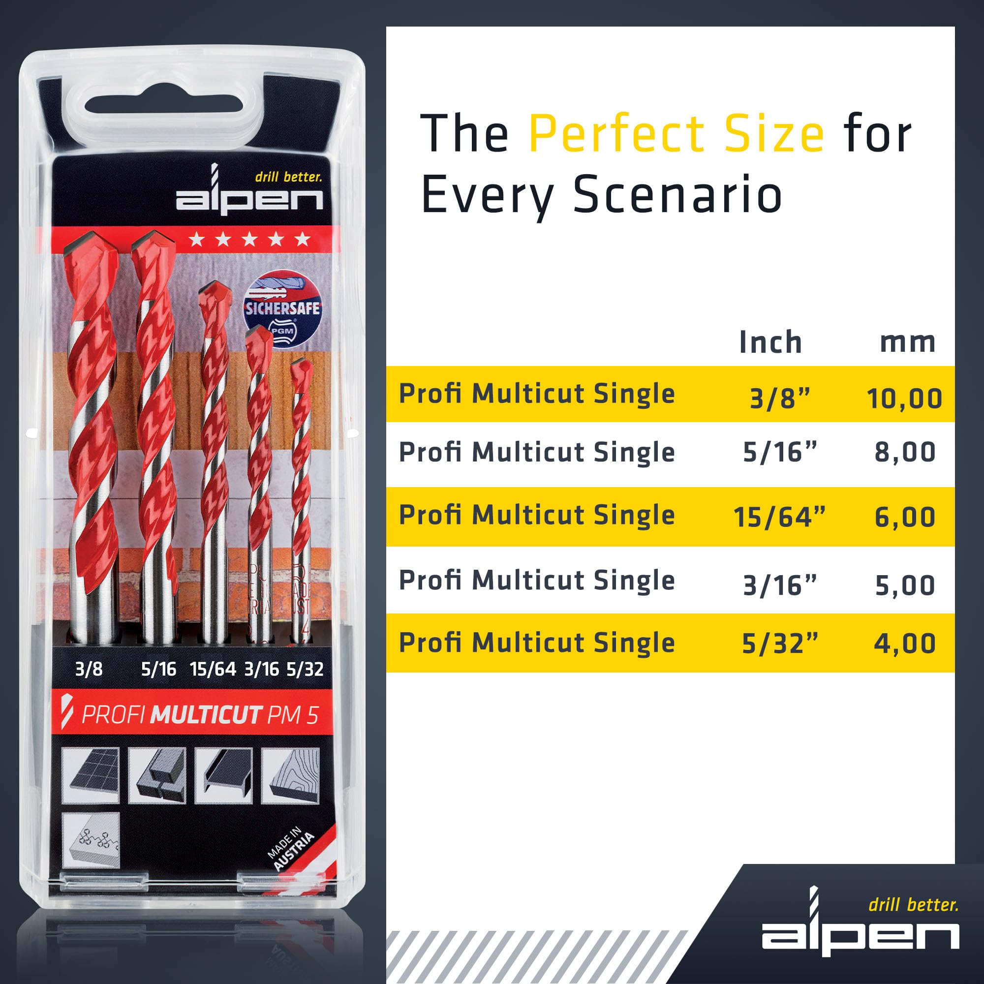 Alpen Set di punte per trapano multicut, 5 pezzi, set per trapano versatile in piastrelle, muratura, metallo, legno e plastica, kit per trapano con punta in carburo durevole con gambo cilindrico