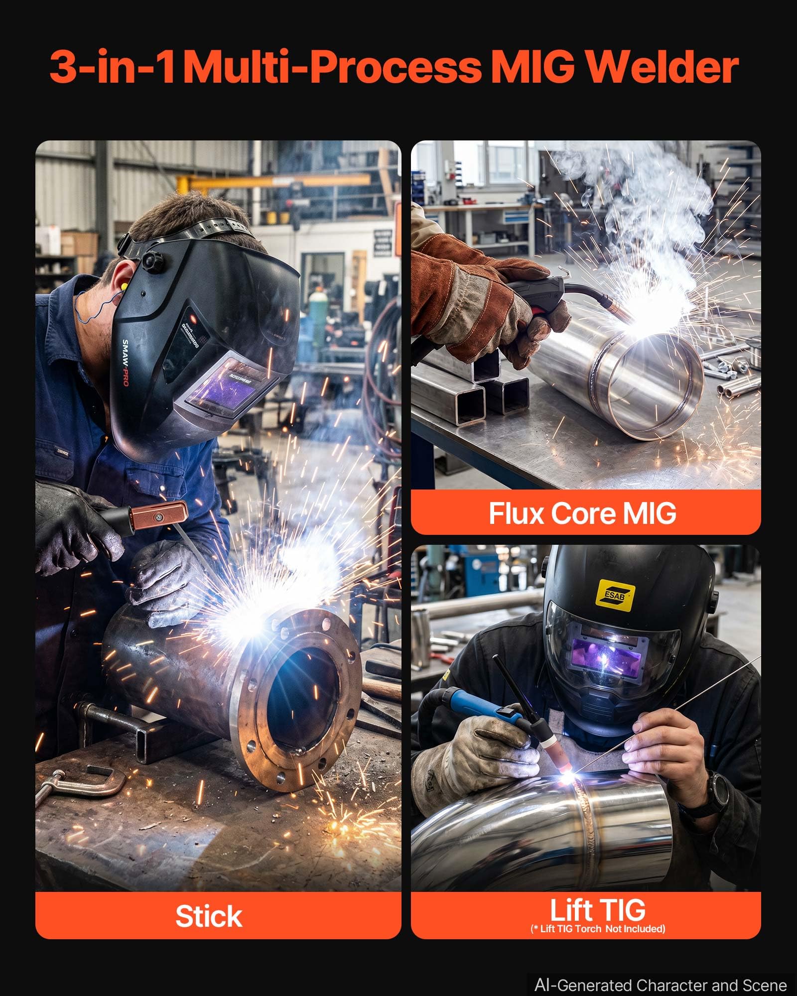 VEVOR Saldatrice MIG 145A 3 in 1 Lift TIG/MIG a Filo Animato Senza Gas/MMA
