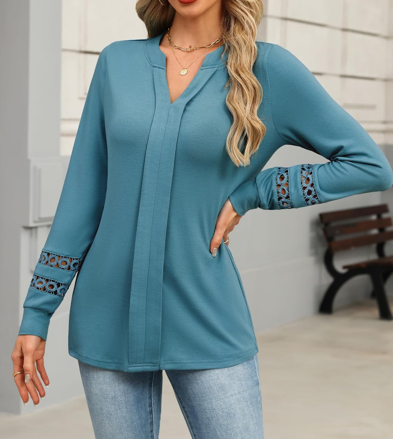 Fayenne Blouses for Women Dressy Casual Long Sleeve Business Casual Tops Pleated V Neck Lace Work Tunic Trendy Fall Shirts - Image 4