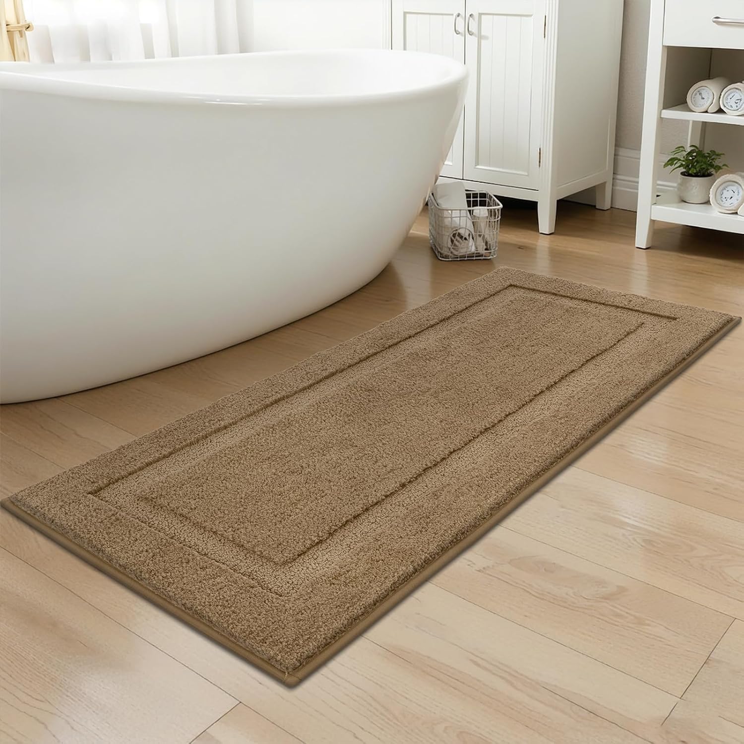 SHACOS Soft Fluffy Bathroom Runner Rugs Sets of 2 Pieces 47"x20"+ 32"x20" Non Slip Washable Bath Rugs Absorbent Bath Mats Bathroom Accessories Carpet for Floor Shower Tub, Khaki