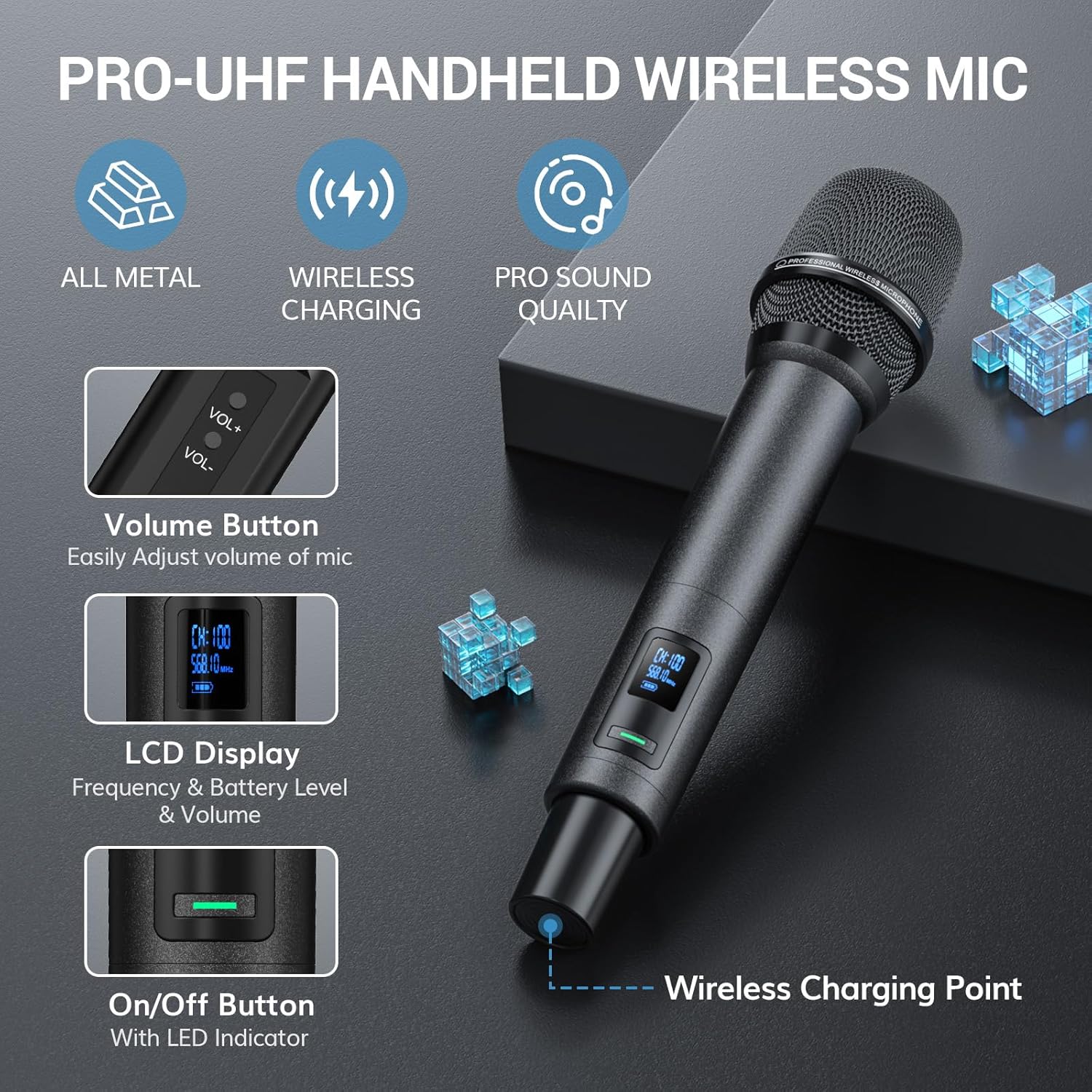 Close-up of TONOR handheld microphone showing all-metal construction and features