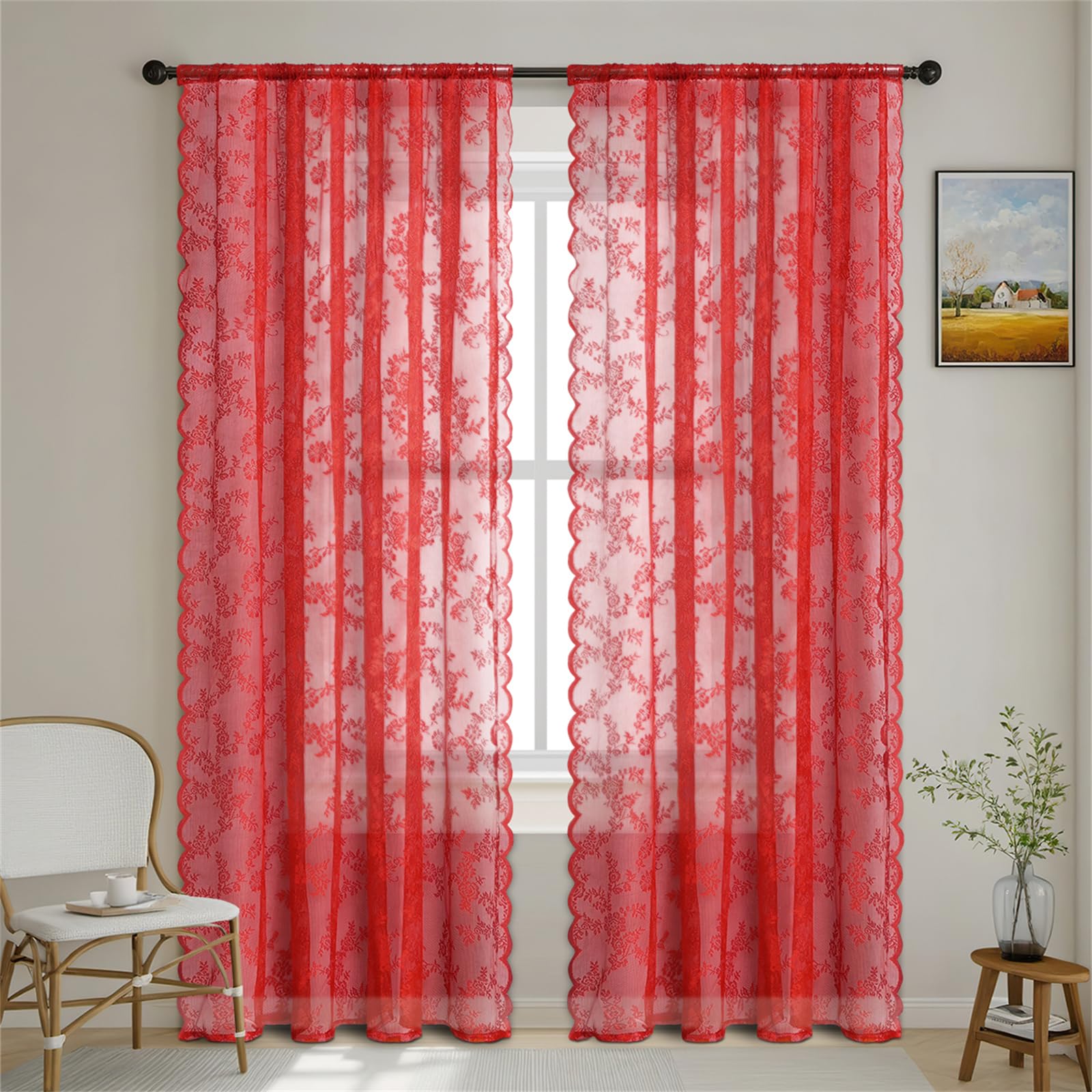 Surwin Curtains for Bedroom, Lace Solid Color 2 Panels Voile Curtain, Semi Transparent Sheer Curtains, Living Room Balcony Home Decorative Net Curtains for Windows (Red1,150x300cm)