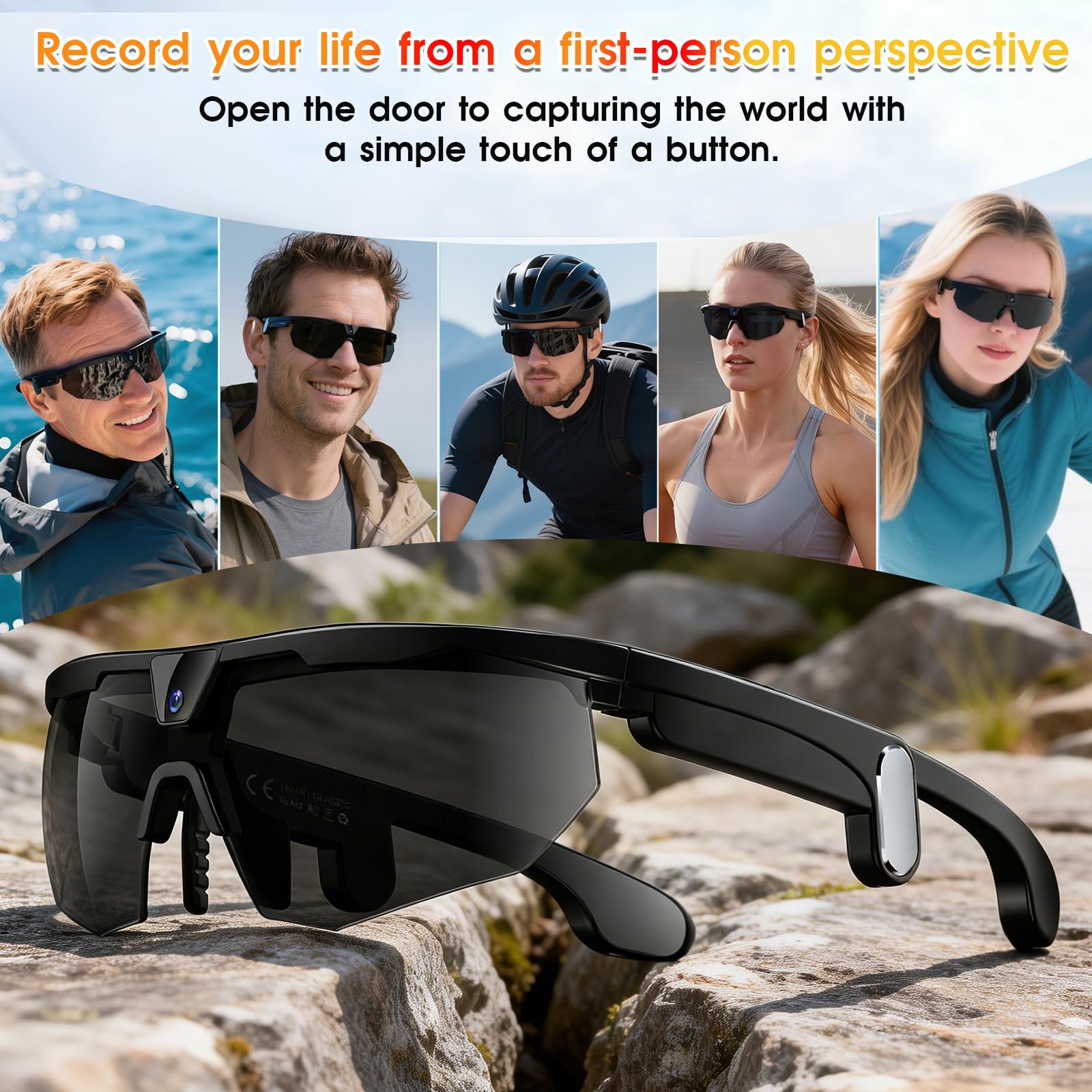 GenXenon Gafas Inteligentes con Cámara, Grabación Video HD POV 8 MP y Foto, Memoria Integrada, Gafas de Sol con Cámara para Deportes Aire Libre como Ciclismo, Esquí y Senderismo (Negro)