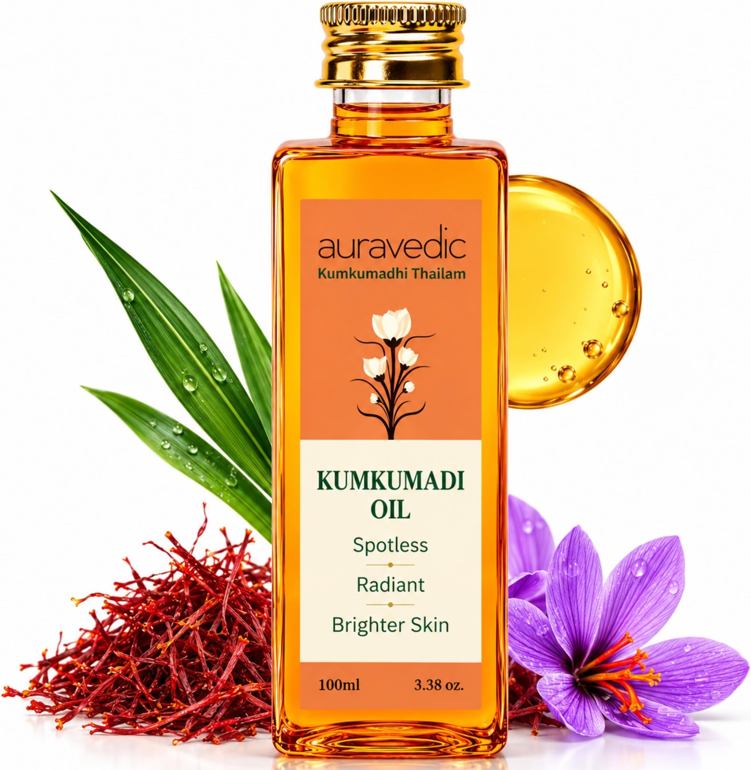 Auravedic Kumkumadi Oil, 100 Ml. Kumkumadi Face oil for Glowing Skin. Kumkumadi Tailam from kerala.