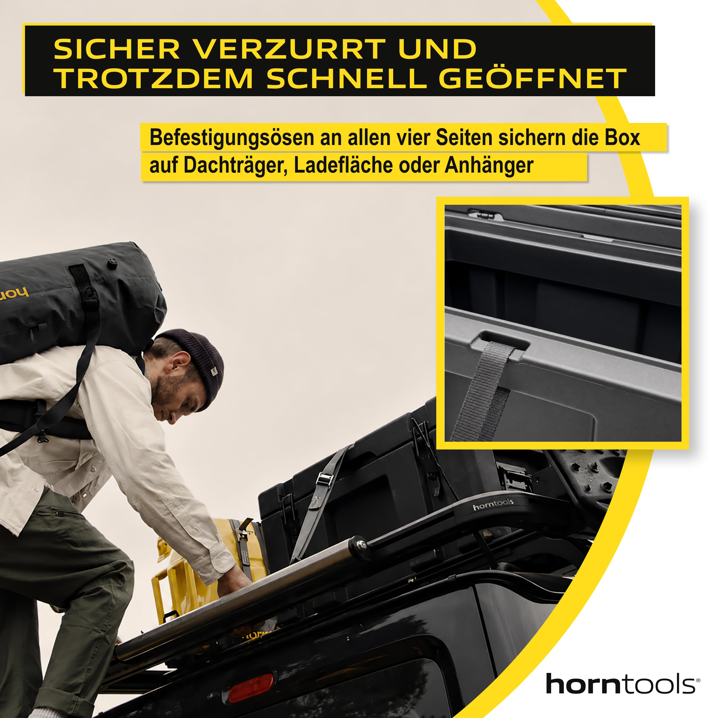 horntools Transportbox 70 L - wasserdichte Reisebox fürs Auto - Lagerbox | Abschließbare Campingbox Wetterfest - 3,6 mm Polyethylen - Sichere Verschlüsse für Auto, Dachträger, Jagd, Boot & Camping