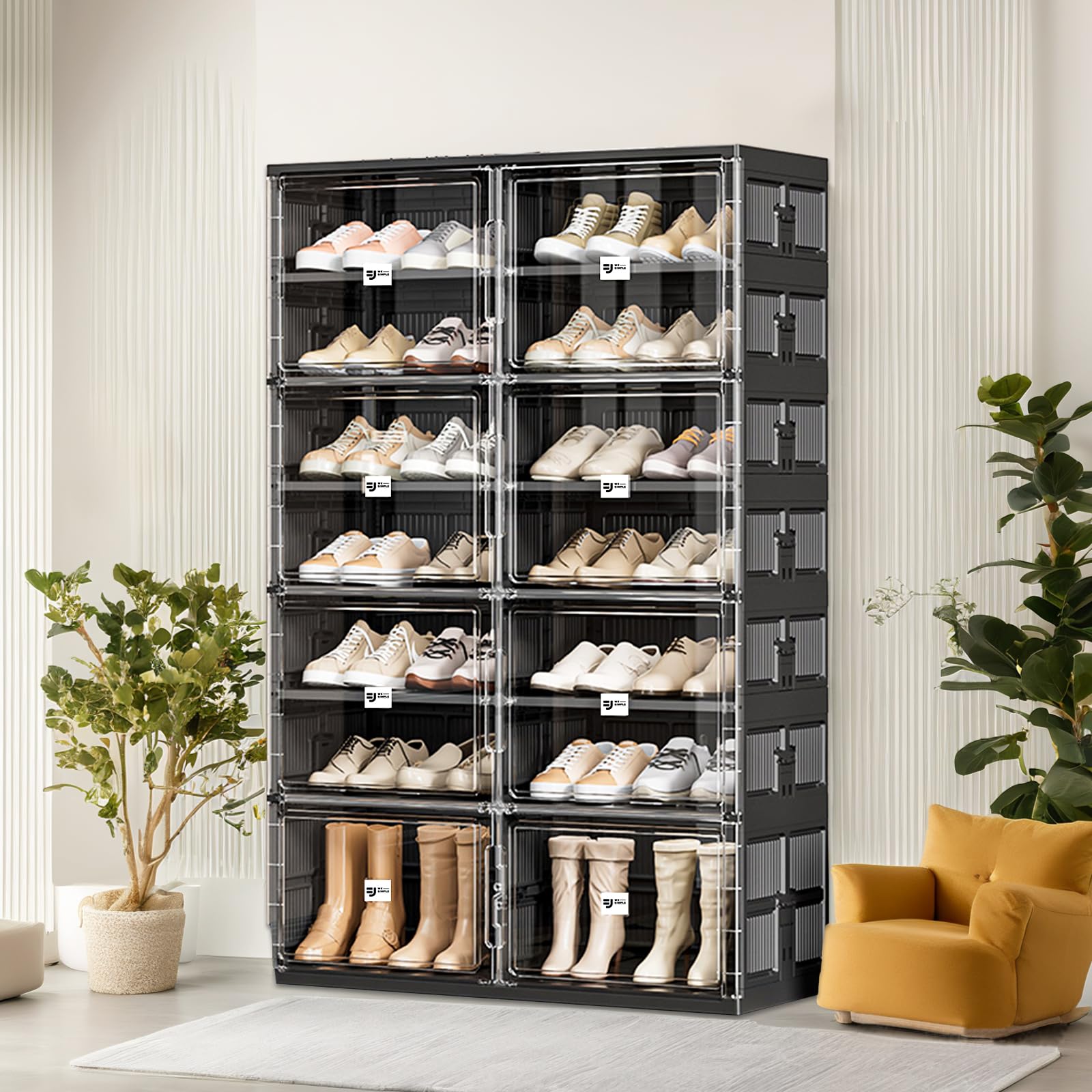28 Pairs Portable Shoe Storage Cabinent of 3-Step Fast Installation,Black Foldable Shoe Organizer Box with Magnetic Clear Door for Entryway, Enclosed Shoe Rack for Sneaker, Heels etc.. (2Row,7Tier)