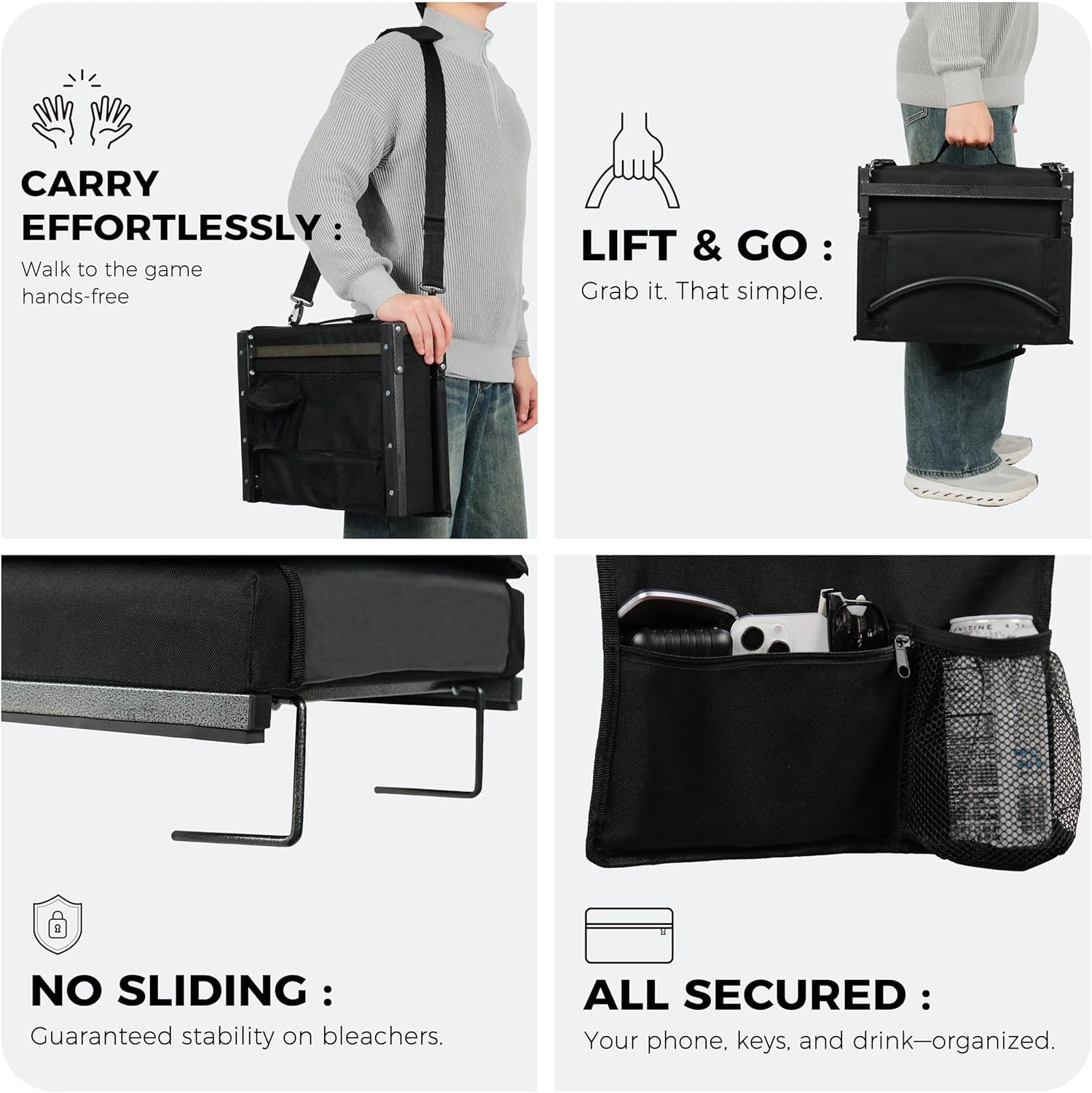 Stadium Seats with 18.5in High Back Support and Thick 3in Foam Cushion Bleacher Chairs with Back and Cushion -Portable Folding Stadium Chair Includes Shoulder Strap and Cup Holder