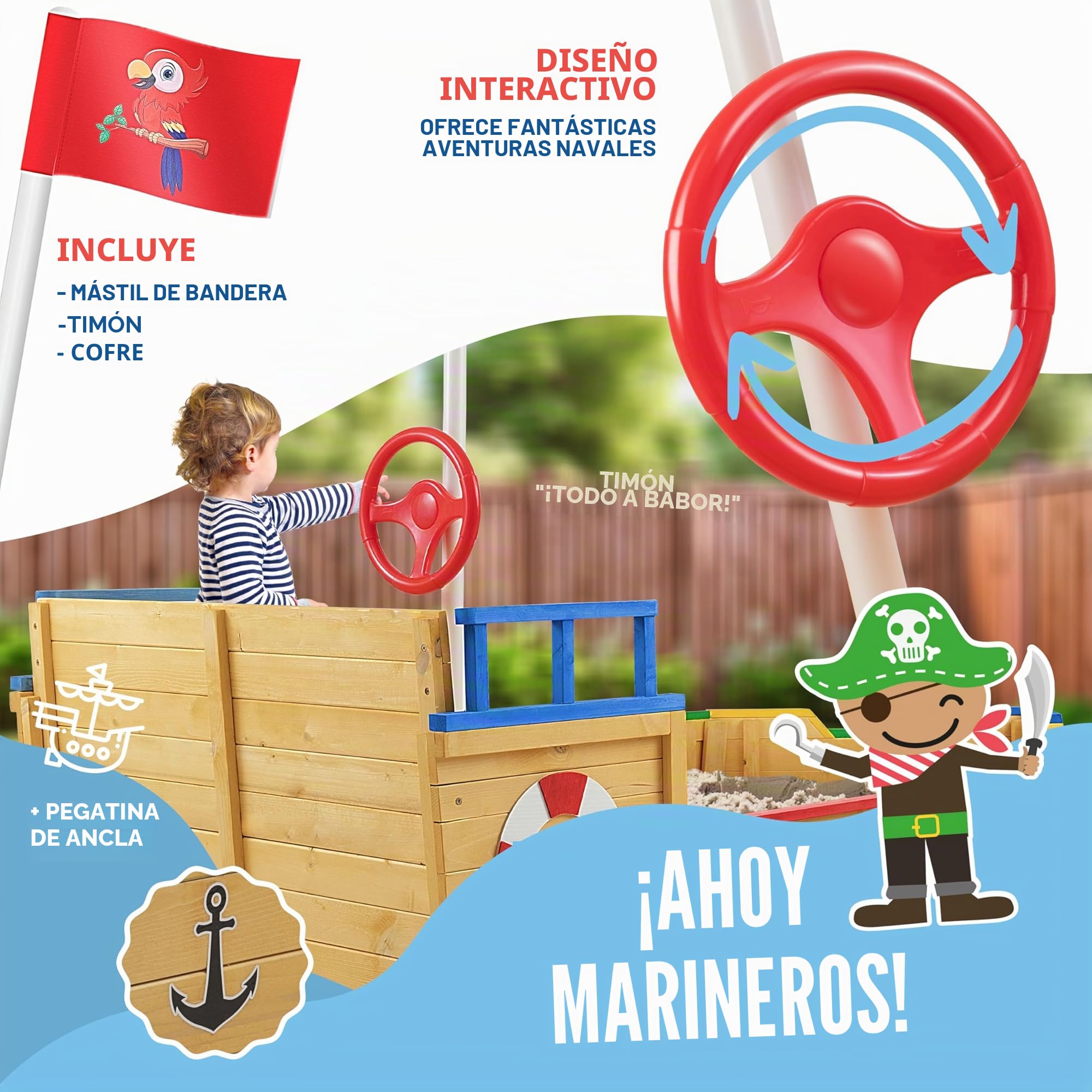 KIDIZ® arenero niños Ahoi, Barco Pirata, Barco de Vela de Madera, Incluye Cubierta, Cubierta de Suelo, Banco, asta de Bandera, Colorido