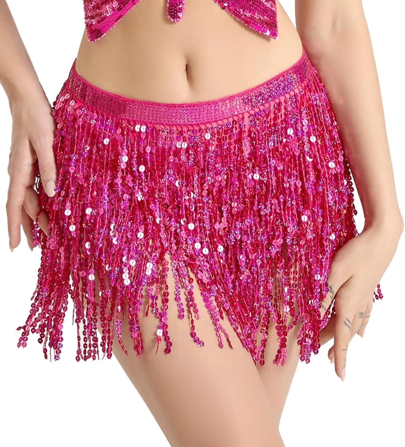 Gold Sequin Tassel Skirt Wrap Belly Dance Sparkling Skirts Fringe Hip Scarf for Festival