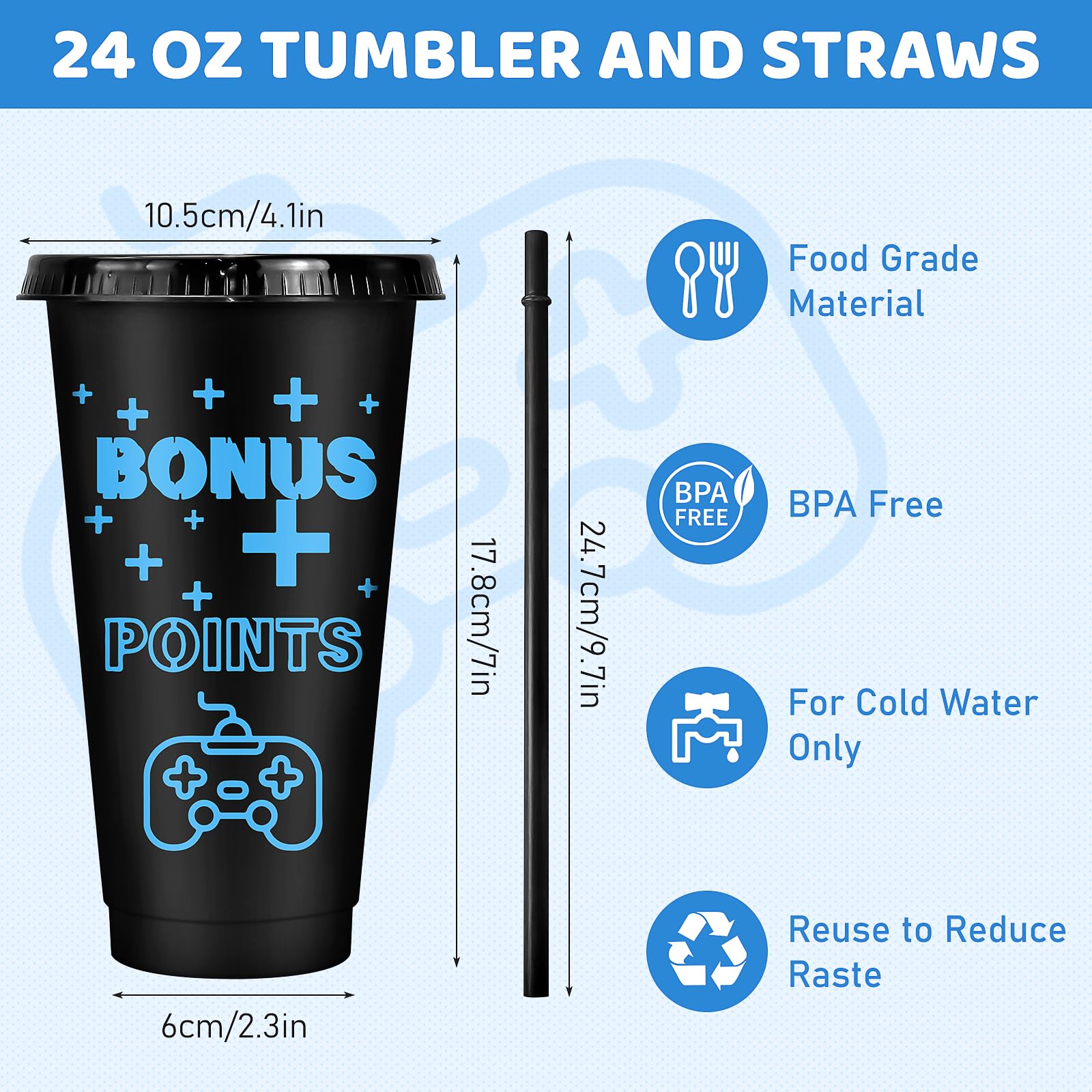 MSYU Lot de 24 gobelets en plastique avec couvercles et pailles pour jeux vidéo - 710 ml - Réutilisables - Pour café glacé - Pour adulte et enfant - Pour fête d'anniversaire - Noir et bleu