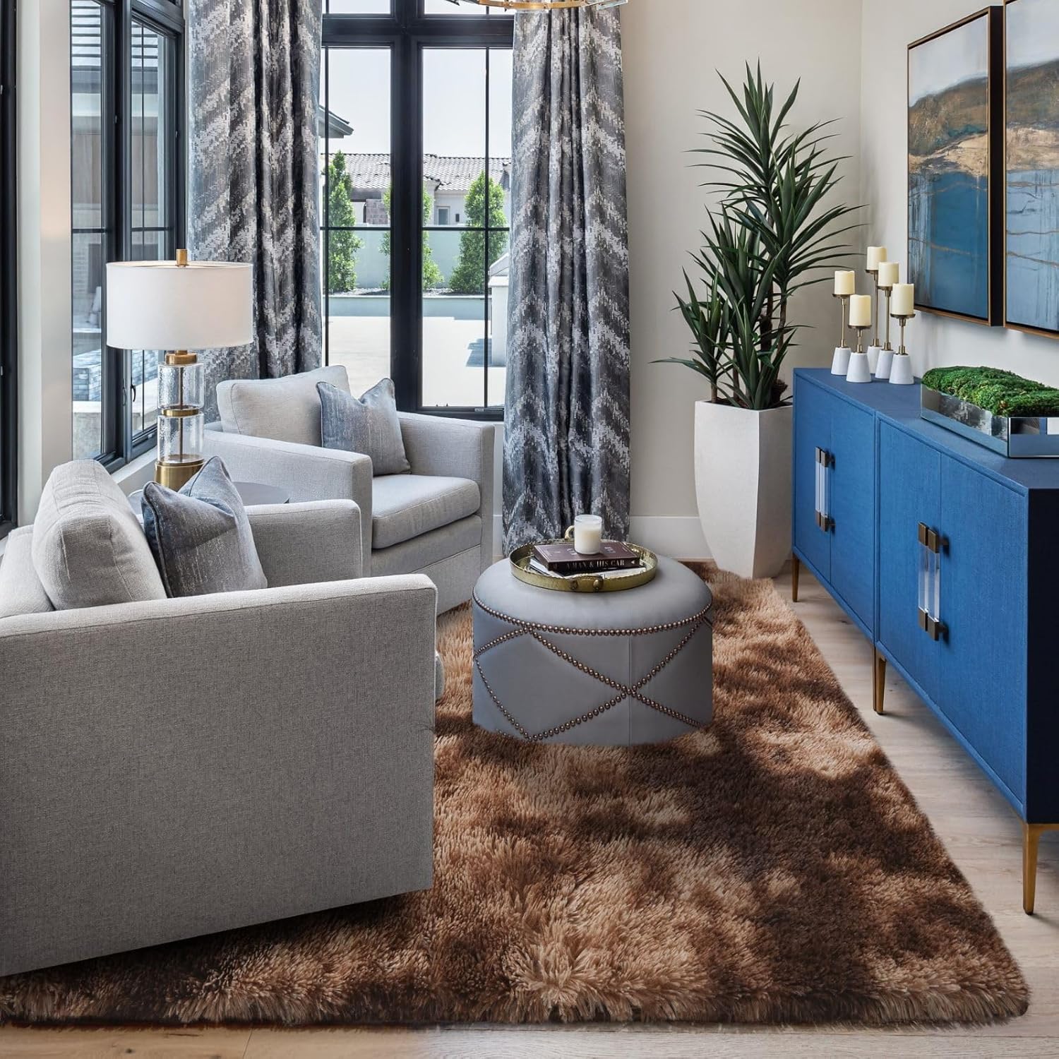 Large Area Rug for Bedroom Living Room, 6x9 Ft Tie-Dyed Shag Carpet, Fluffy Plush Soft Throw Mat for Kids Nursery Lounge, Washable Non-Slip Furry Floor Rug for Home Decor, Coffee Brown