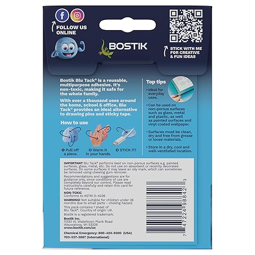 Miniatura 2 de Bostik Blu Tack (1 paquete) 1.6 oz de masilla adhesiva pegajosa multiusos  Adhesivo colgante reutilizable no tóxico  Ideal para el hogar, la escuela