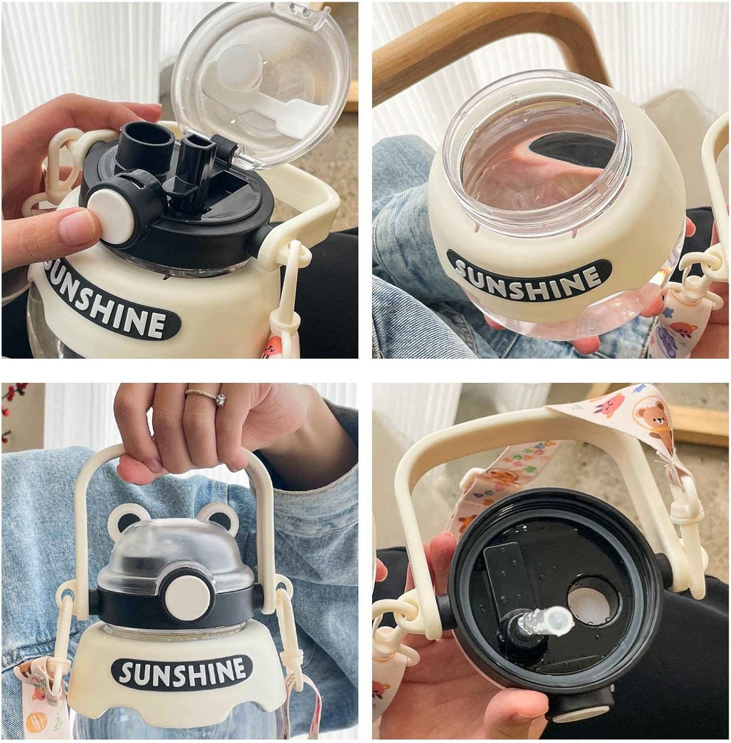 WEBERT High-value large-capacity potbelly cup Little Fuxiong double drinking plastic cup Men's and women's fashion student straw water cup Cherry blossom powder