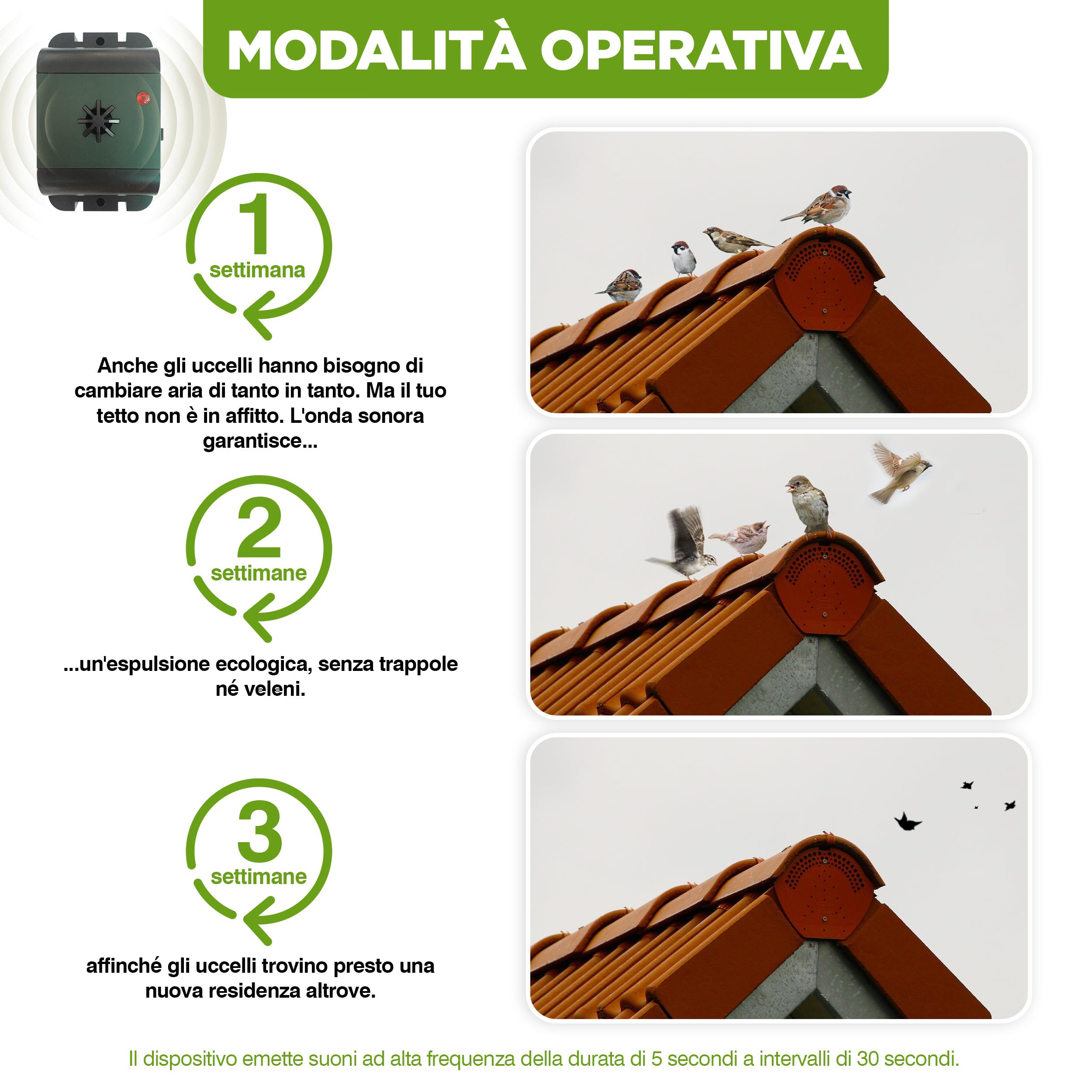 ISOTRONIC Deterrente per uccelli a ultrasuoni Dissuasore a batteria per balcone finestre alberi