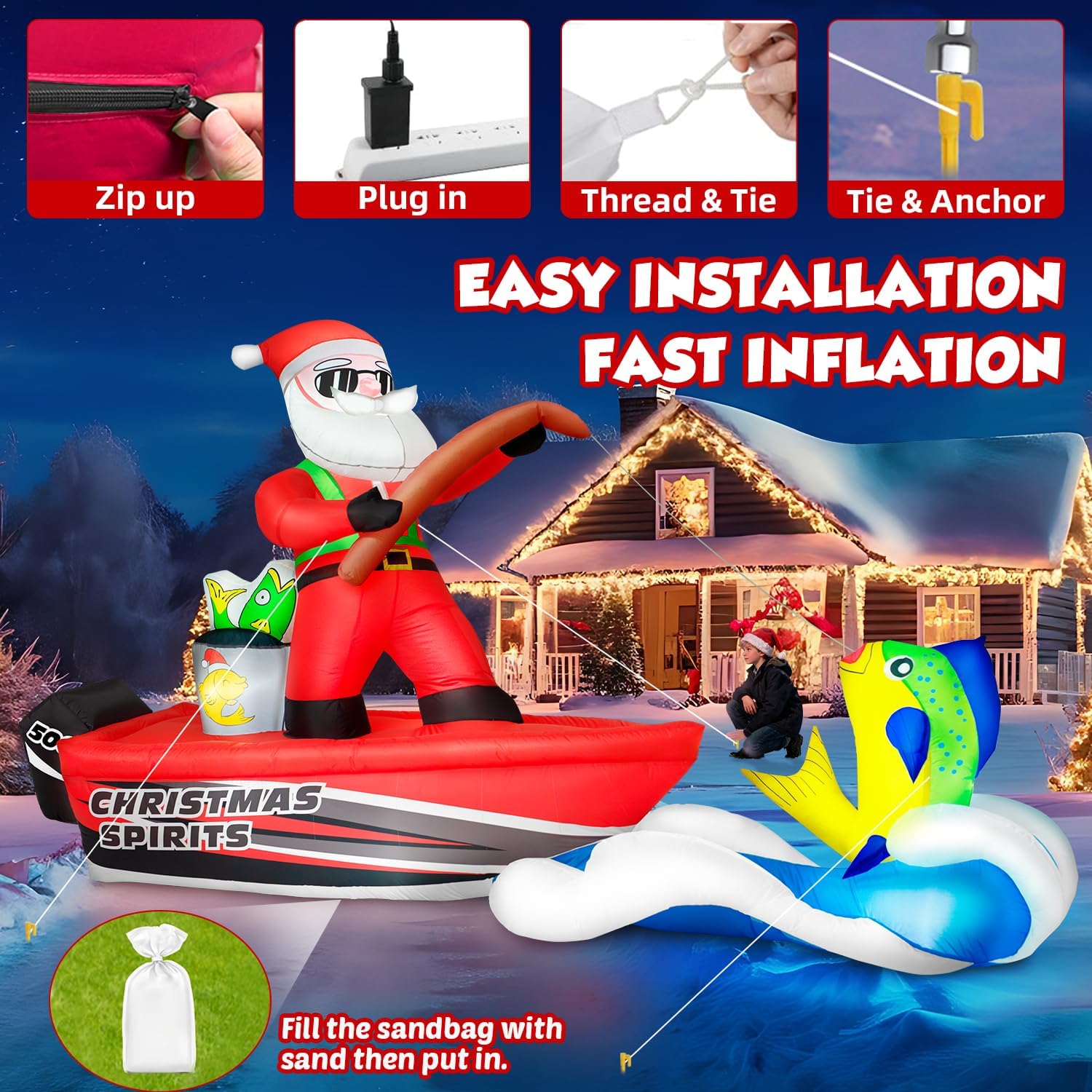 12FT Long Christmas Inflatables Santa Sea Fishing on Giant Boat, Christmas Decoration Outdoor Huge Blow Up Yard Decorations Large Blowups with LED Lights for Xmas New Year Holiday Party