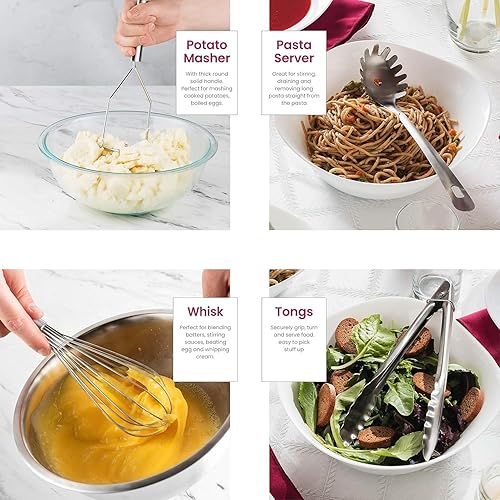 Miniatura 6 de Juego de 10 utensilios de cocina de acero inoxidable con volteador, servidor de espaguetis, cucharón, cucharas, batidor, pinzas, triturador de