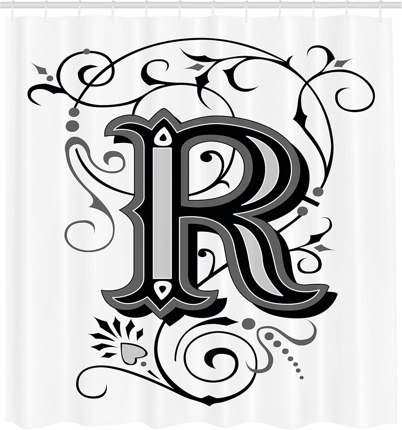 Ambesonne Letter R Shower Curtain, Baroque Antique Typography Old Fashion English Aristocratic Swirls, Cloth Fabric Bathroom Decor Set with Hooks, 69" W x 75" L, Black Grey White